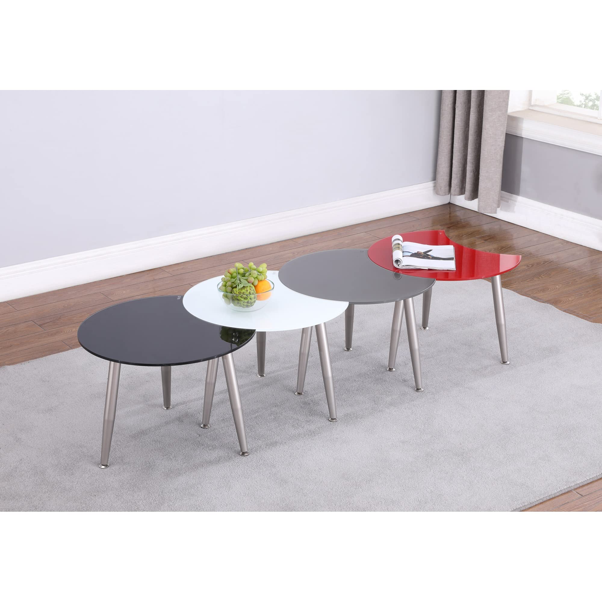 Modern Brushed Nickel & Super White Glass Cocktail Table - Round Shaped Coffee Table for Living Room, Lounge & Office Decor