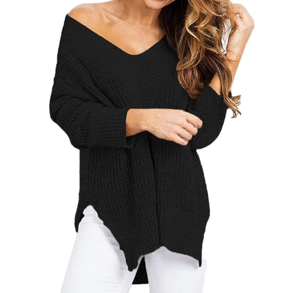 WOCACHI Women's Off Shoulder V-Neck Pullover Sweater - Solid Color Waffle Knit Long Sleeve Loose Jumper Top for Casual Wear, Date Night & Fall Outfits