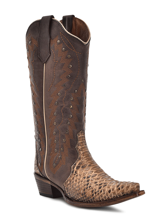 Circle G L6045 Women's Western Boots with Python Embroidery & Studs - Chocolate Brown - Perfect for Rodeo, Country Dancing & Cowgirl Fashion