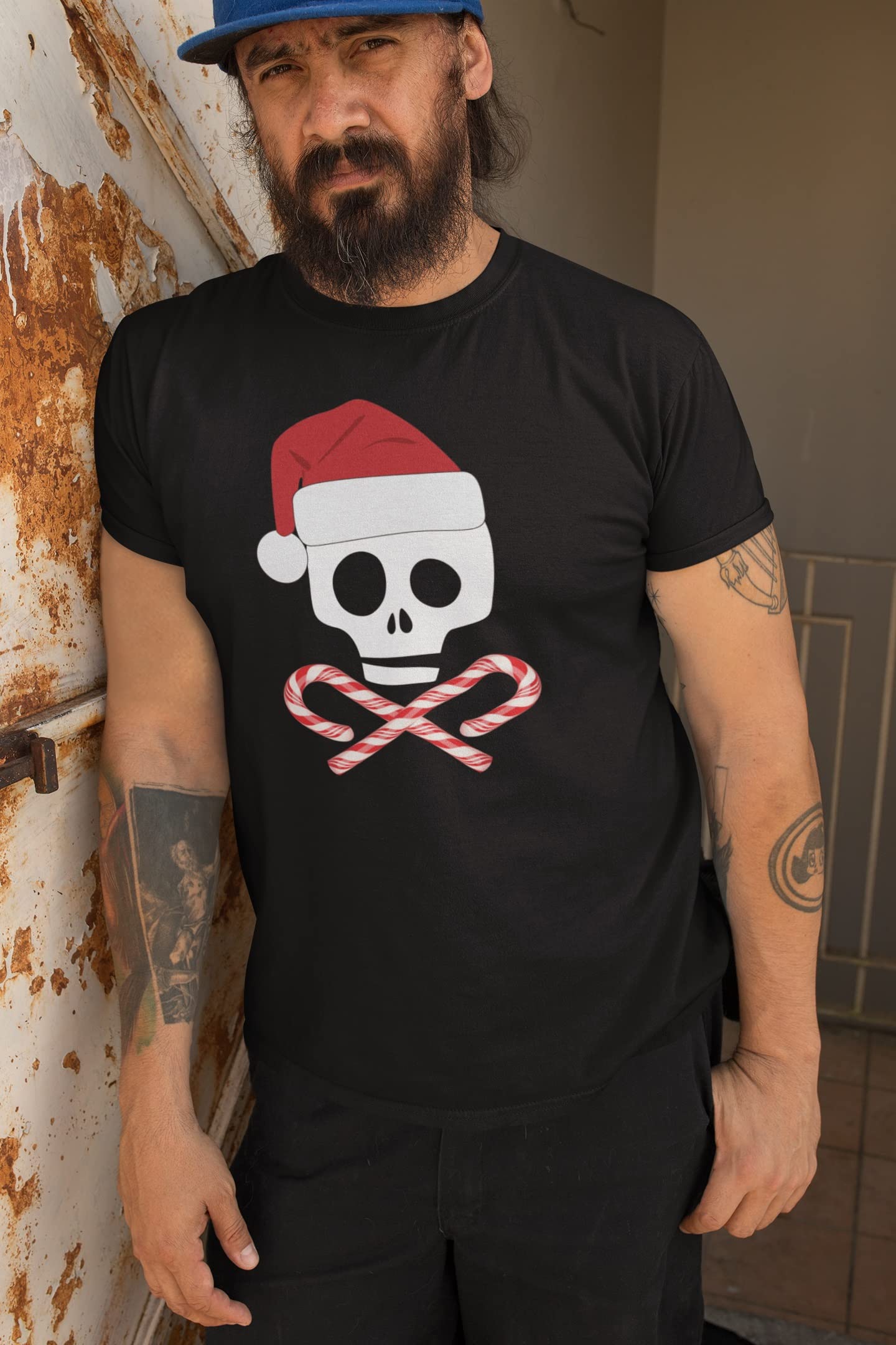 Skull and Cross Candy Canes Santa Adult T-Shirt - Gothic Christmas Holiday Novelty Tee for Men & Women - Perfect for Halloween, Xmas Parties & Alternative Fashion Lovers