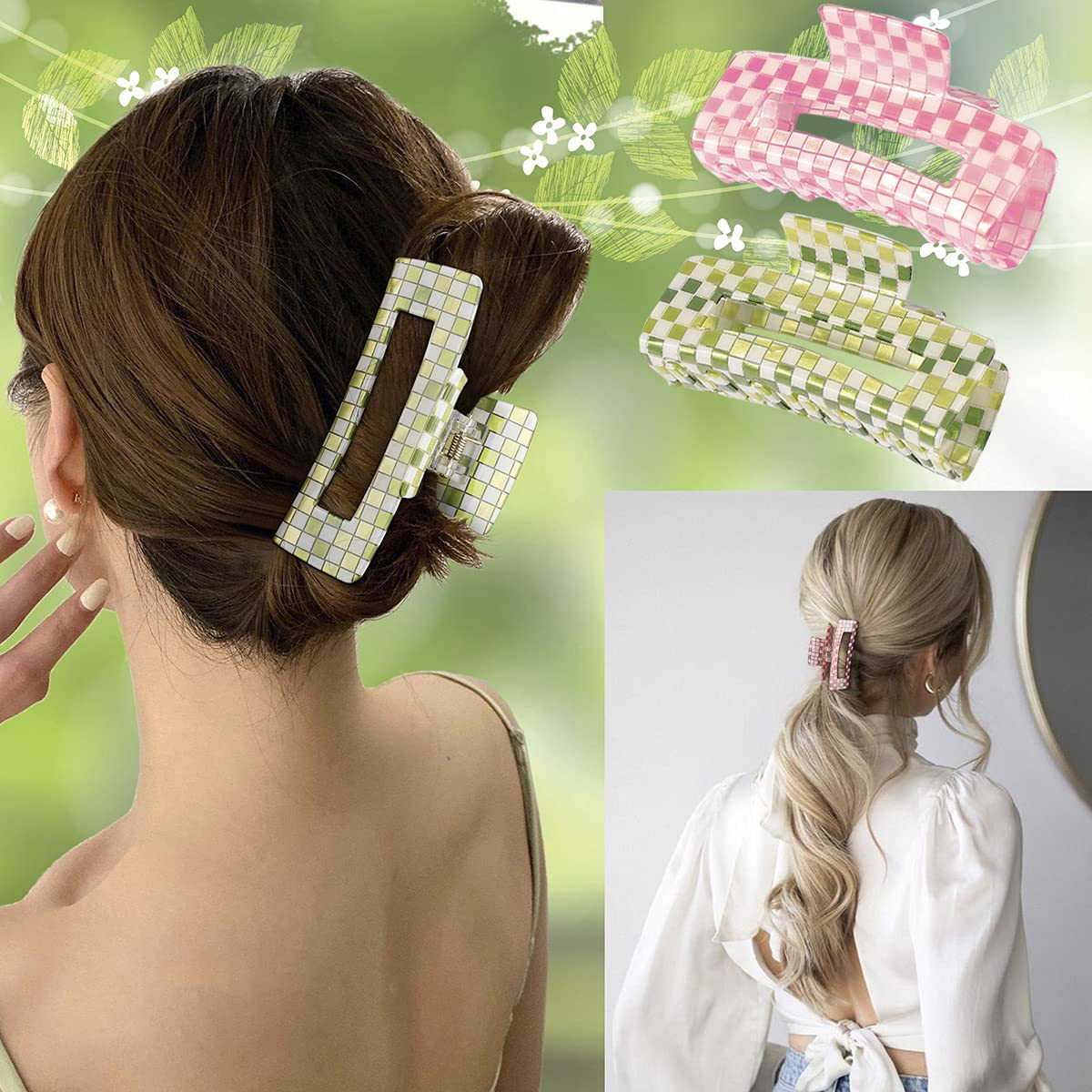 Large Checkered Claw Hair Clips for Thick Hair - 2pcs 4 Inch Rectangle Y2K Fashion Hair Accessories in Pink Green Checkerboard | Perfect for School, Parties and Everyday Styling