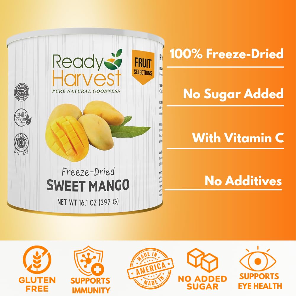 Freeze Dried Mango Slices - Gluten Free, Non-GMO, 25 Year Shelf Life | Emergency Food Supply, Camping & Survival Snacks, Bug Out Bag Essentials | 6 Cans (397g Each) for Long Term Storage & Outdoor Adventures