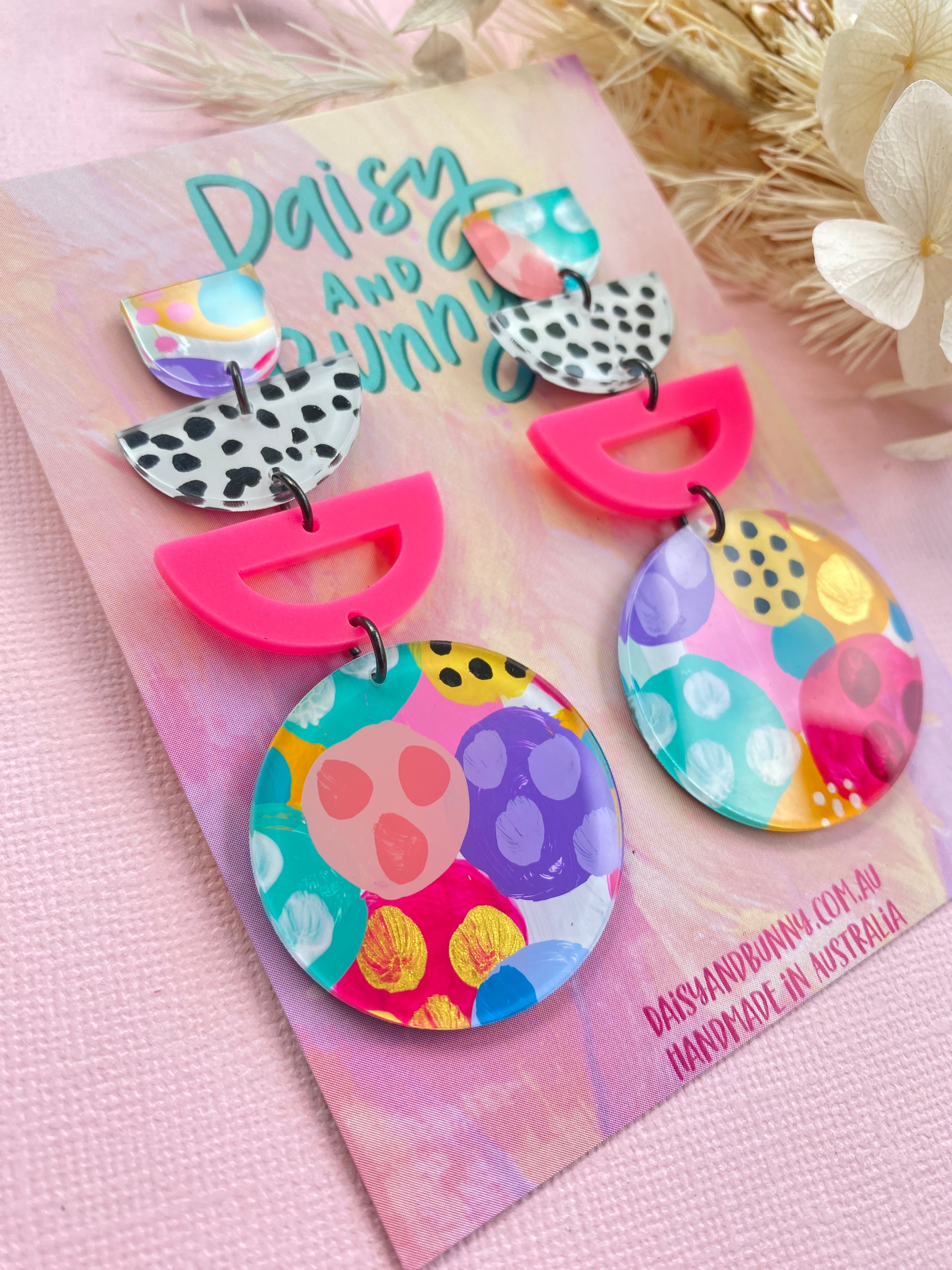 Hand Painted Frankie Dangle Earrings - Unique Dopamine Jewelry by Daisy & Bunny - Perfect for Boho Fashion, Festival Outfits & Gift Giving