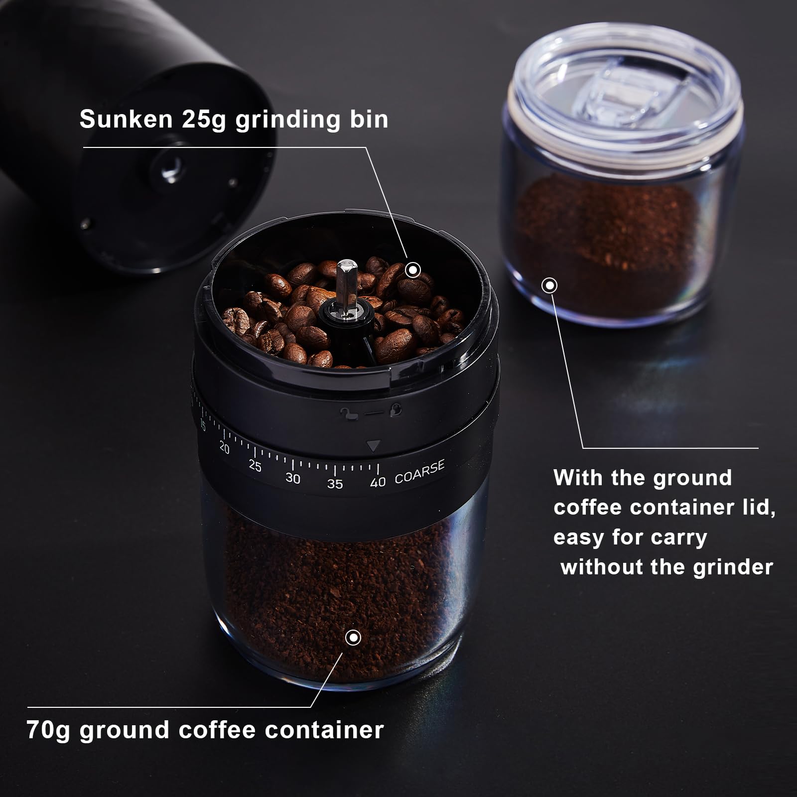 Electric Burr Coffee Grinder Portable - 40 Adjustable Grind Settings, Rechargeable Conical Burr Mill with Cleaning Brush & Ground Coffee Cup Lid - Perfect for Home, Office, Travel & Camping - Fresh Ground Coffee Anywhere