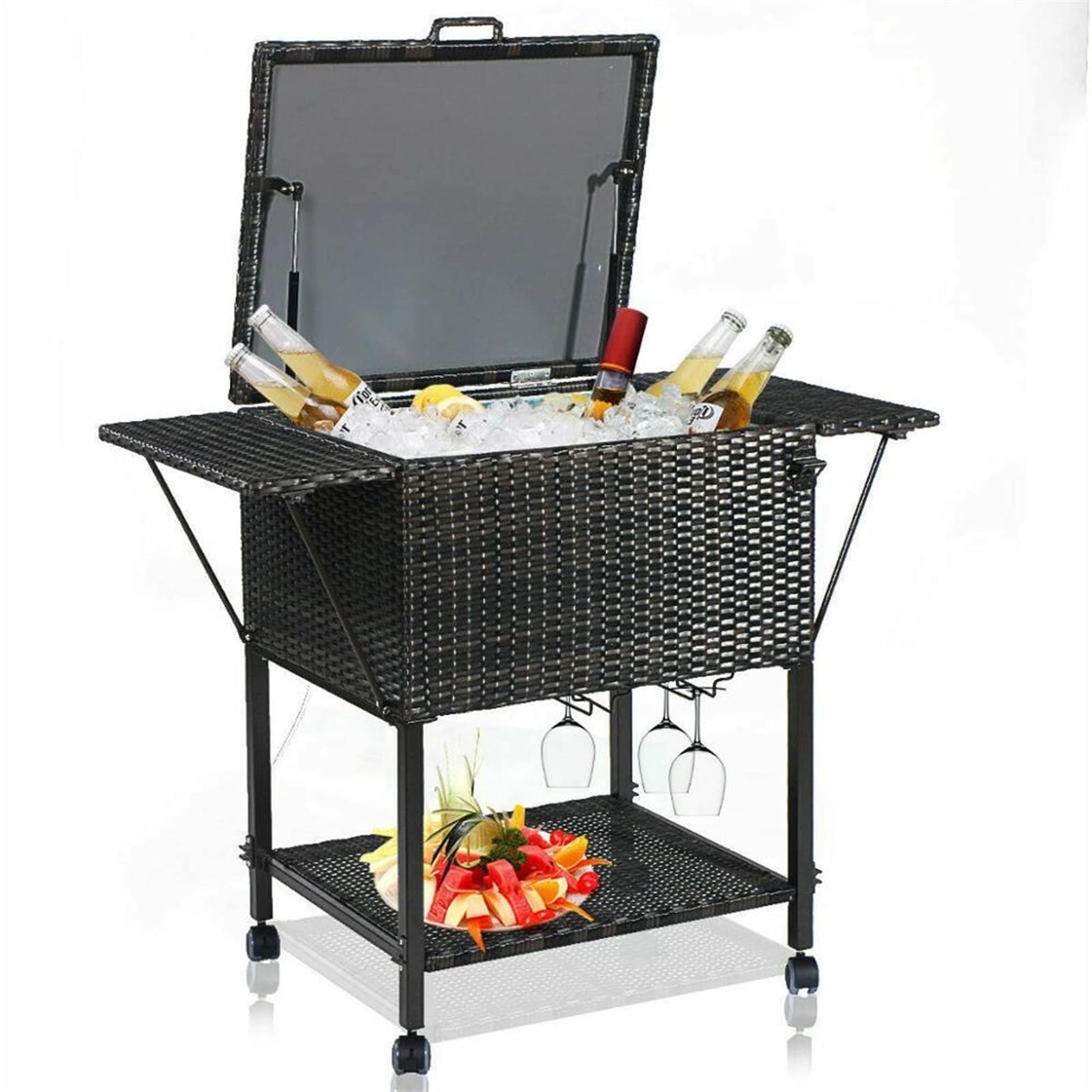 BZGWECD Portable Rattan Cooler Trolley Beverage Cart - Outdoor Patio, Pool Party, and Picnic Ice Drink Mix Organizer in Brown