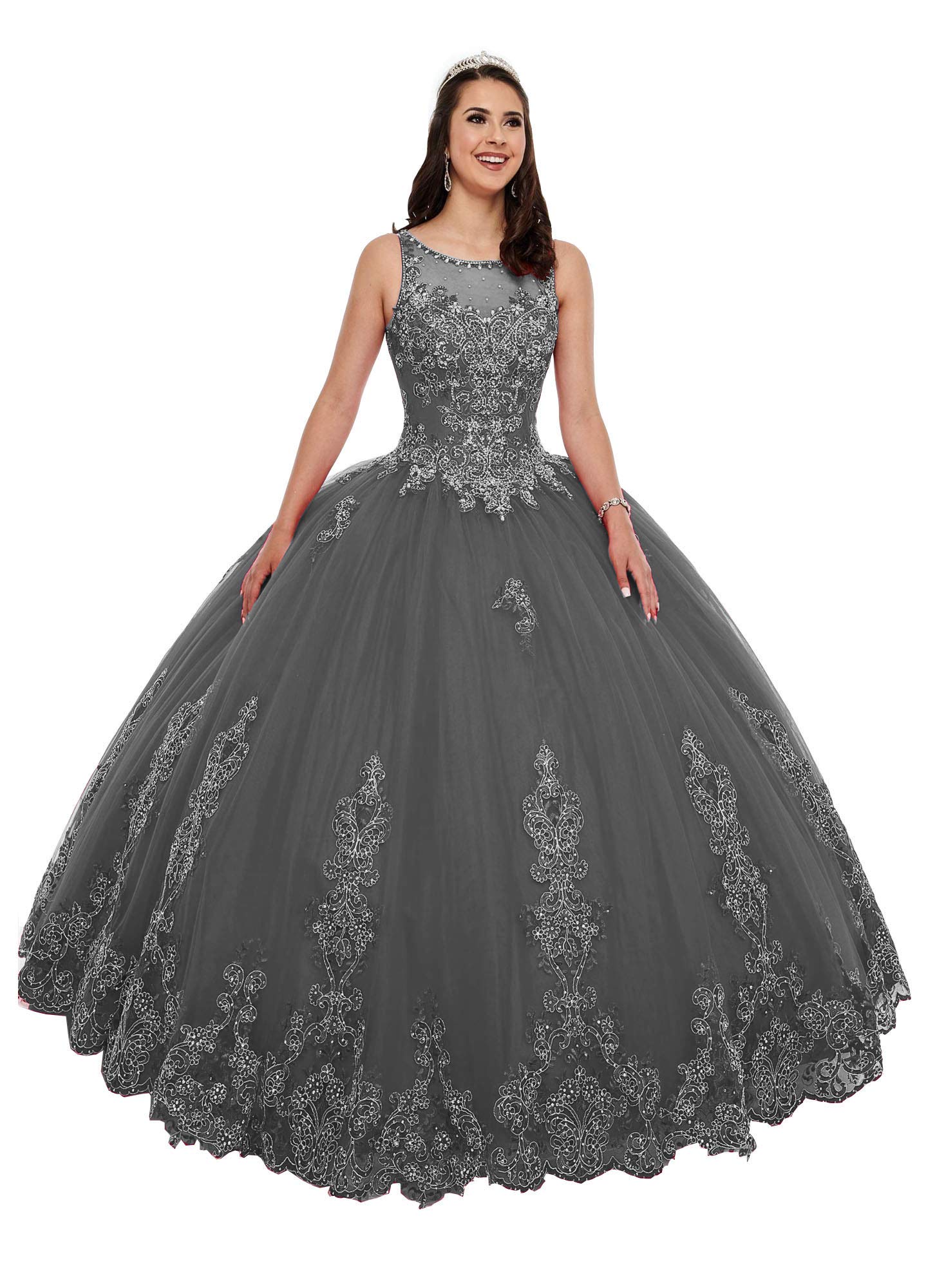 Emanni Women's Sleeveless Quinceanera Dress with Embroidery & Beading - Sweet 16 Party Dress for Girls, Evening Formal Gown in Grey - Perfect for Quinceañeras, Proms, and Special Occasions