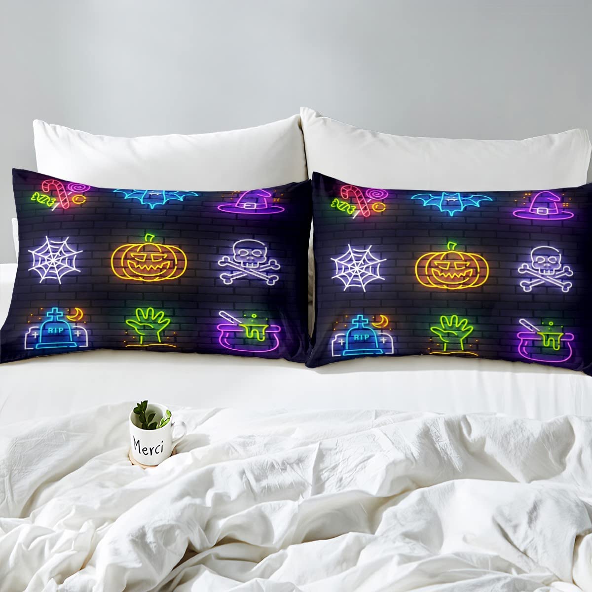 Erosebridal Halloween Bed Sheets Set - Full Size Neon Light Pumpkin Lantern & Witch Hat Spider Web Design, Candy Skull Tombstone Print for Girls & Women | Perfect for Halloween Party Decor, Spooky Bedroom Makeover, and Seasonal Home Decorations