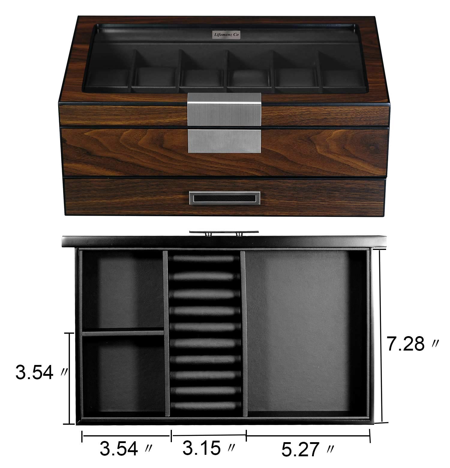 Premium Wooden Watch Box for Men - 12 Slot Watch Display Case with Valet Drawer & Glass Top - Luxury Watch Organizer for Jewelry & Accessories - Perfect for Home, Office & Travel Storage
