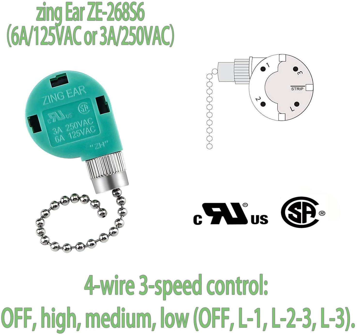 Zing Ear ZE-268S6 3-Speed Ceiling Fan Switch Replacement - 4-Wire Zipper Control for Ceiling Fans, Wall Lamps & Cabinet Lights - Nickel/Silver Finish (2-Pack) - Perfect for Home, Office and Commercial Lighting Upgrades