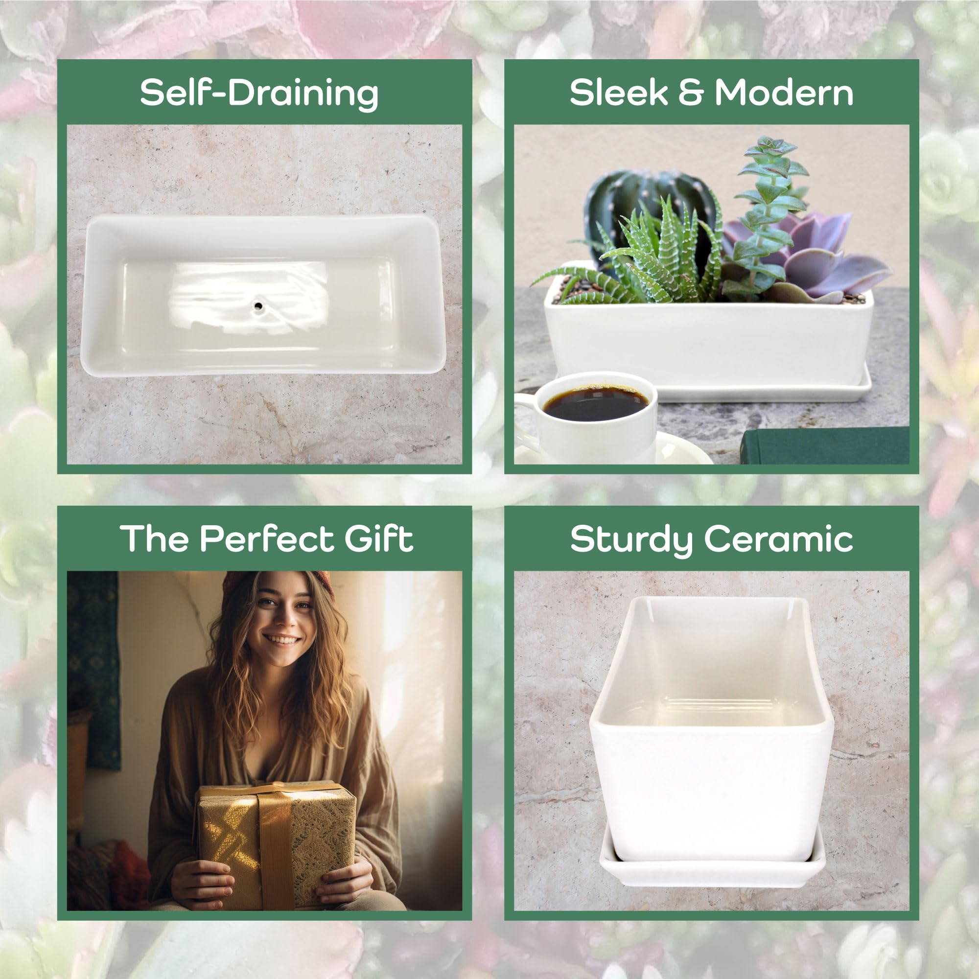 BambooMN White Ceramic Succulent Planter Pot with Drainage Tray - 10.1 Inch Short Rectangle Flower Pot for Indoor Plants, Home Decor, Office Desk, and Garden Succulents