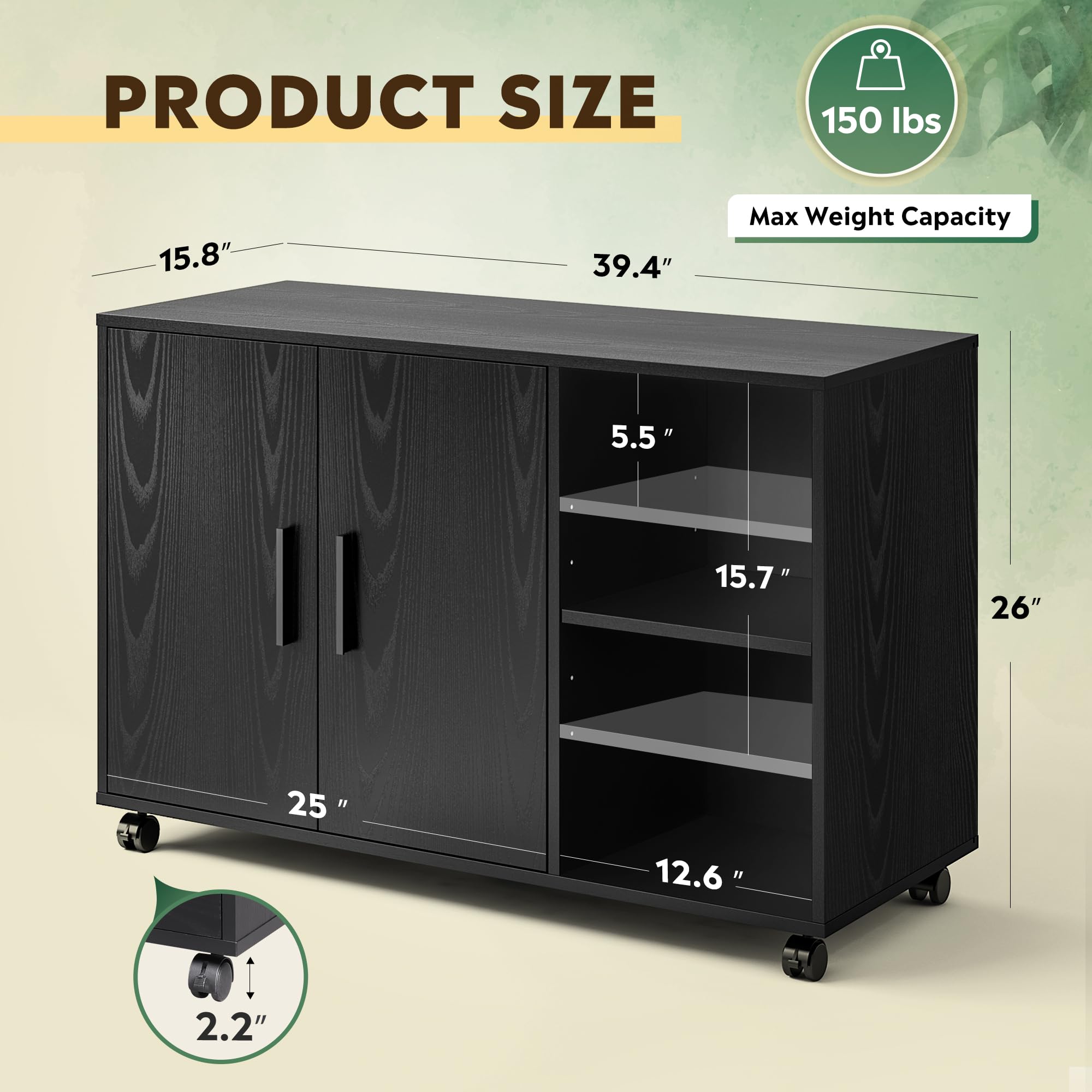 DEVAISE Office Storage Cabinet with Doors & Shelves - Lateral File Organizer for Printer, Supplies & Documents - Black Home Office Furniture for Workspace Organization