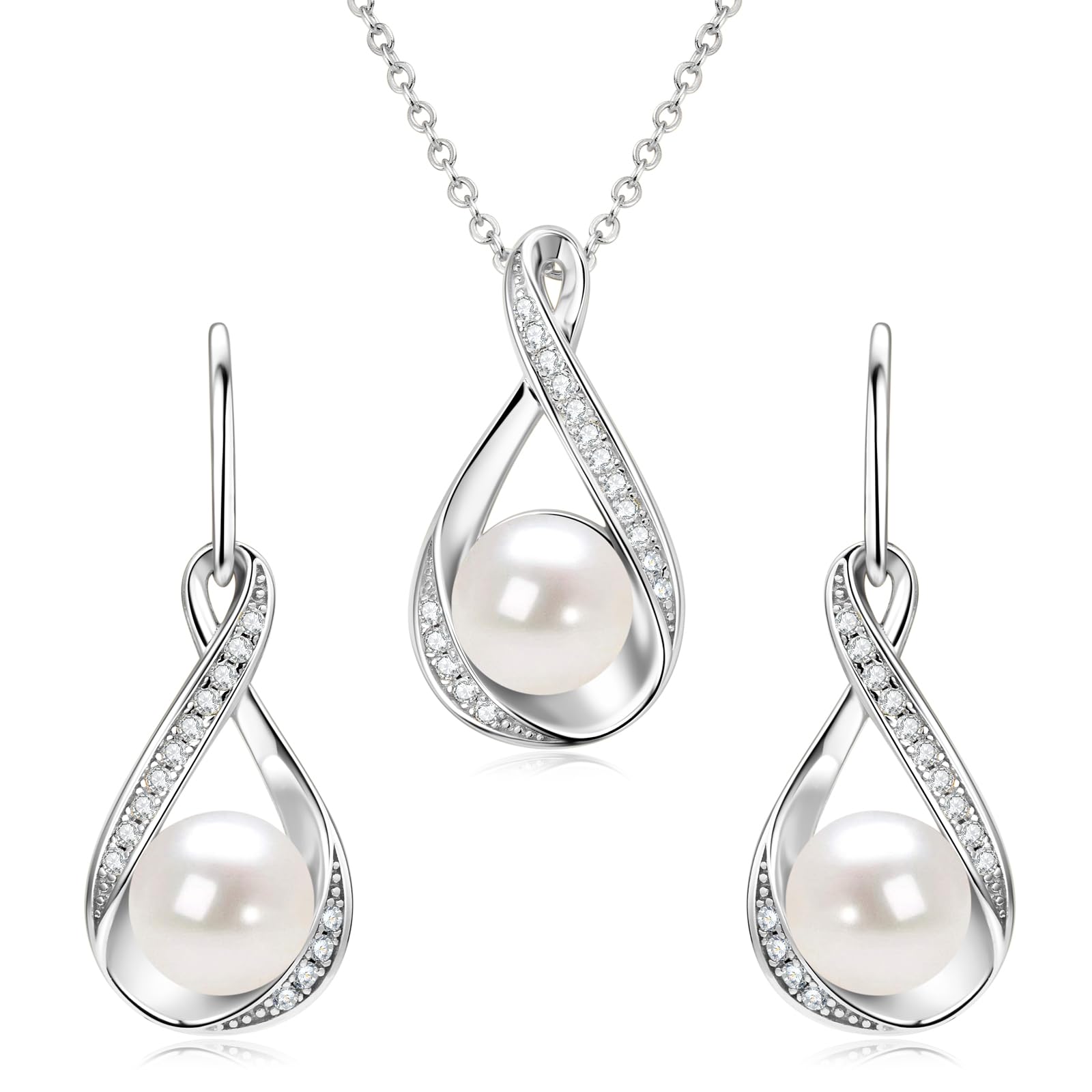 Sterling Silver Pearl Jewelry Set with Moissanite - Elegant Wedding & Gift for Women