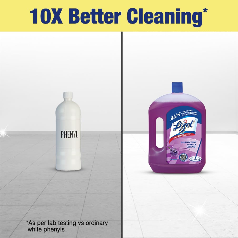 Lizol Disinfectant Surface & Floor Cleaner Liquid, Lavender Scent - 2 Litre (67.6 oz) | Kills 99.9% Germs | All-Purpose Household Cleaning | Ideal for Floors, Tiles & Bathrooms  Lizol Kitchen Cleaner Spray - 450 ml (15.2 oz) | Degreasing Formula | Removes Stubborn Stains & Odors | Perfect for Countertops, Stoves & Appliances