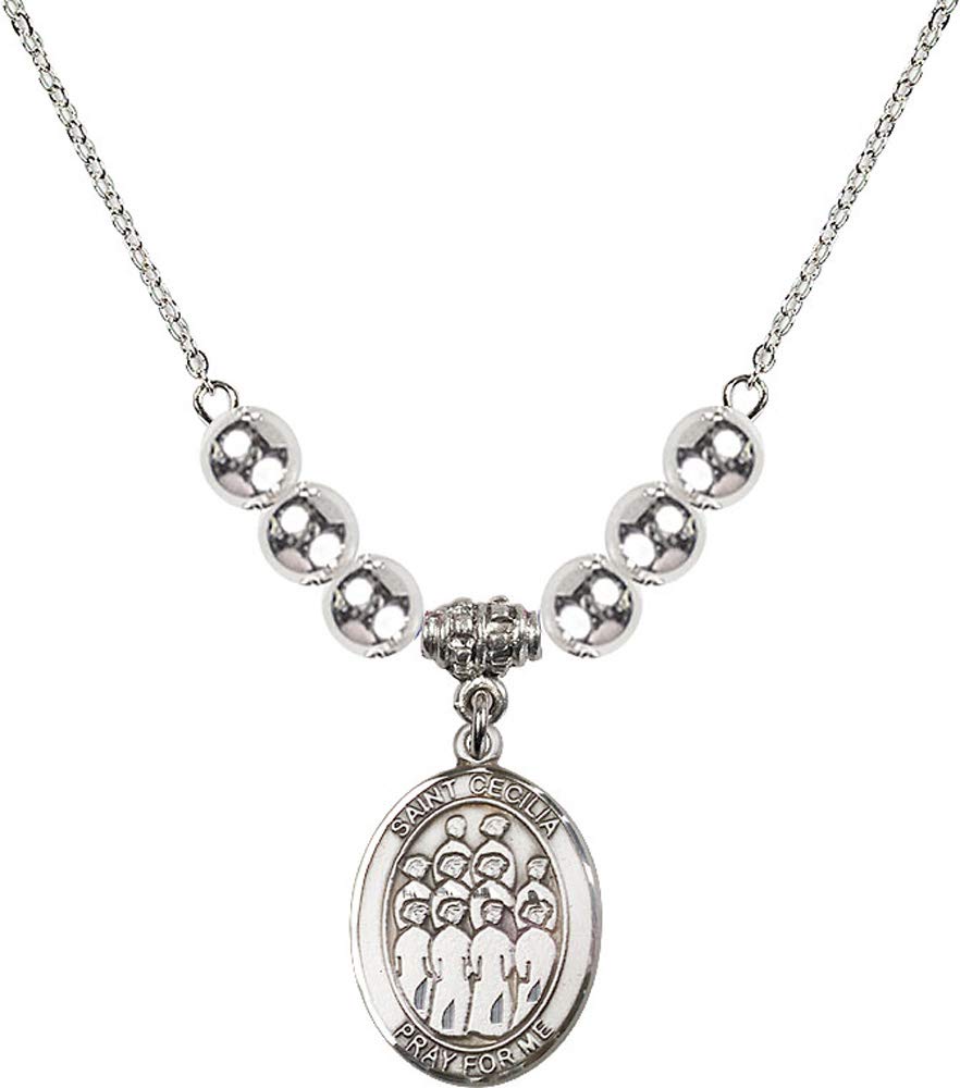 18-Inch Rhodium Plated Necklace with 6mm Sterling Silver Beads & Saint Cecilia Charm - Patron Saint of Musicians & Singers | Perfect Gift for Choir Members, Music Teachers & Worship Leaders