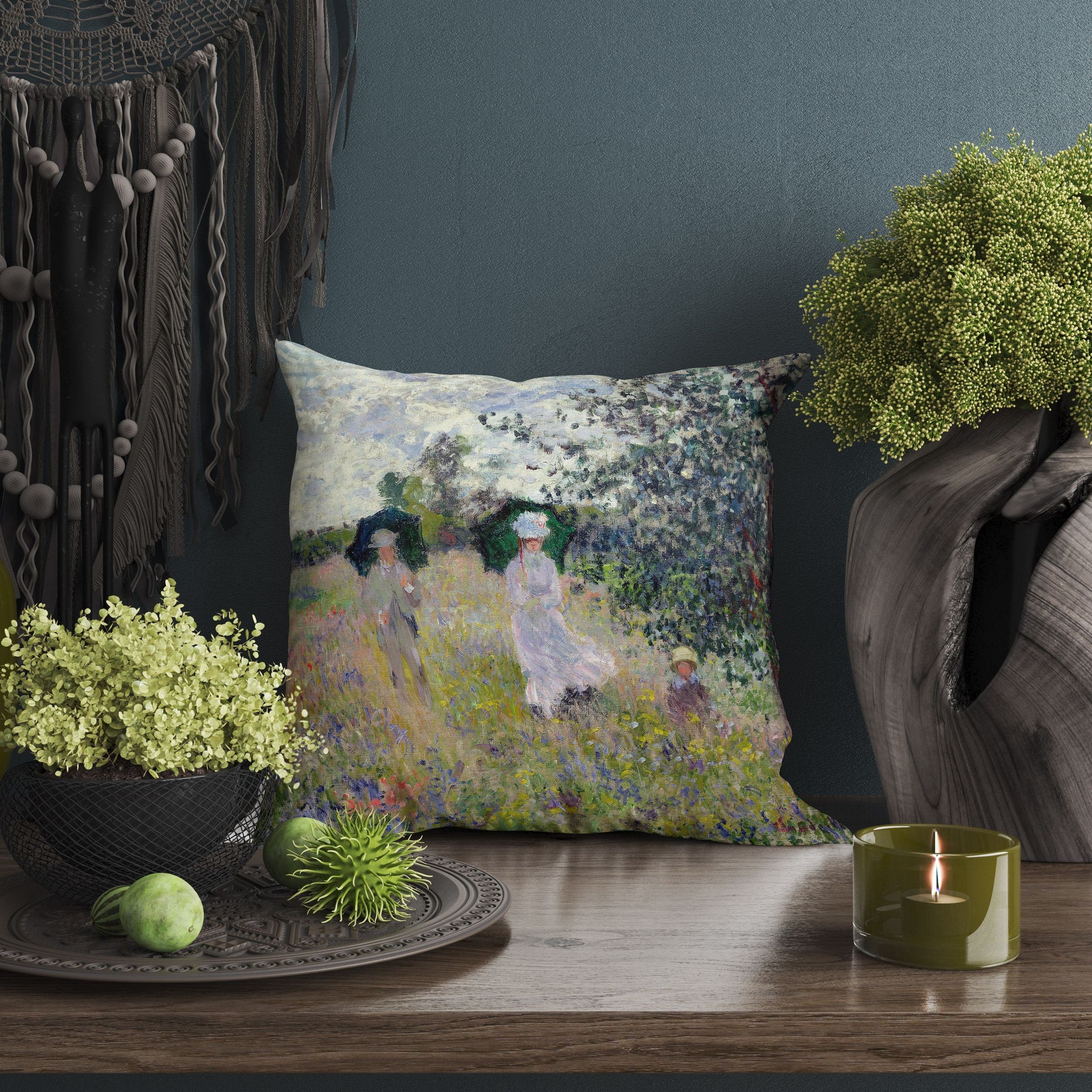 Claude Monet The Promenade Near Argenteuil Throw Pillow Cover - Famous Impressionist Art Decor - Abstract Artist Cushion Case for Living Room, Bedroom, Sofa Decor
