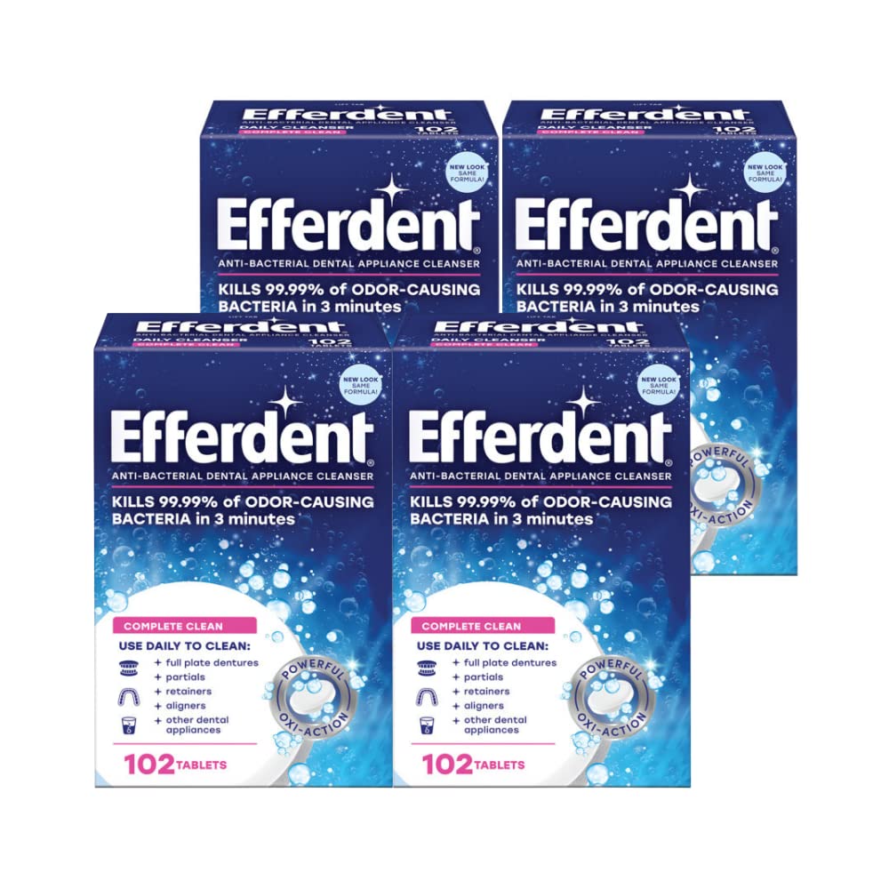 Efferdent Retainer & Denture Cleaning Tablets - 102 Count (Pack of 4) | Complete Clean for Dental Appliances | Perfect for Retainers, Night Guards, Mouth Guards & Dentures | Fresh Breath & Stain Removal