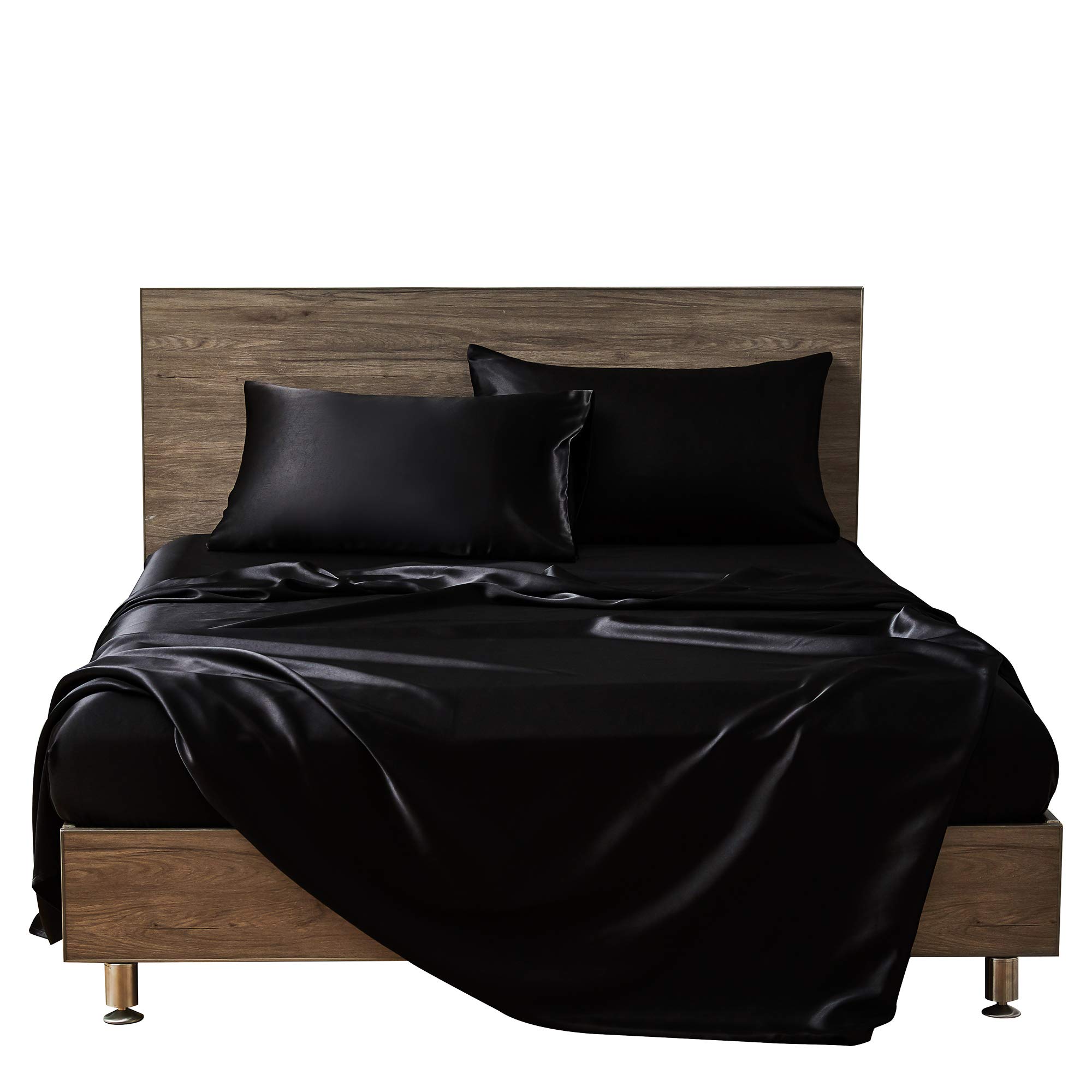 Luxury 6-Piece Black Queen Size Silk Satin Bed Sheet Set - Flat Sheet, Fitted Sheet (16