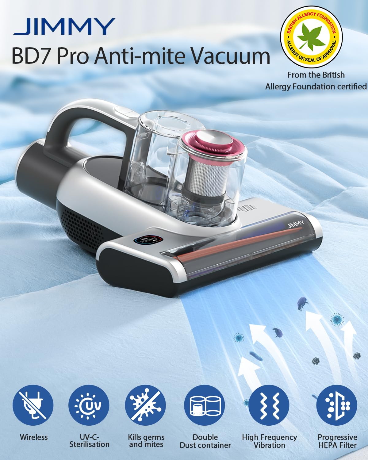 Jimmy Cordless Mattress Vacuum Cleaner - 250W Powerful Handheld Vacuum for Dust, Pet Hair & Allergens with Ultrasonic Technology | Portable Bed Vacuum for Deep Cleaning Mattresses, Sofas & Car Interiors (BD7 Pro)