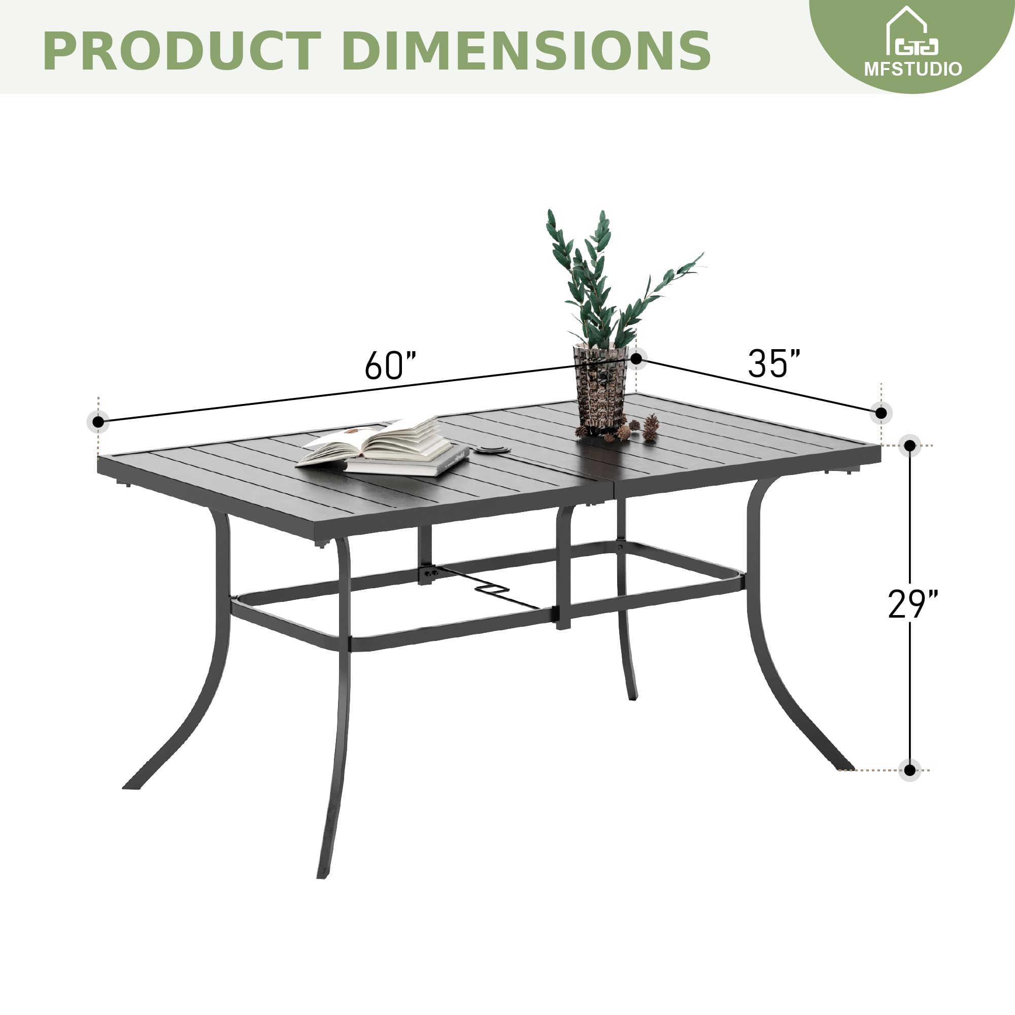 MFSTUDIO 7-Piece Outdoor Patio Dining Set - Rectangular Metal Table with 6 Rattan Swivel Chairs & Adjustable Umbrella Hole - Perfect for Backyard, Garden, Poolside & BBQ Gatherings