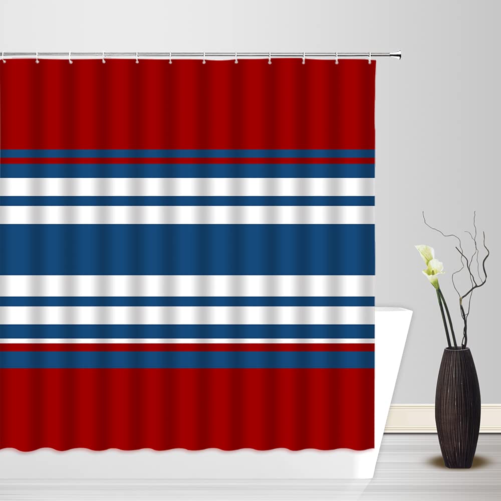 Modern Abstract Geometric Stripes Navy Red Blue White Shower Curtain - Elegant Nautical Fabric Bathroom Decor with Hooks - Perfect for Coastal, Beach House & Contemporary Bathroom Designs