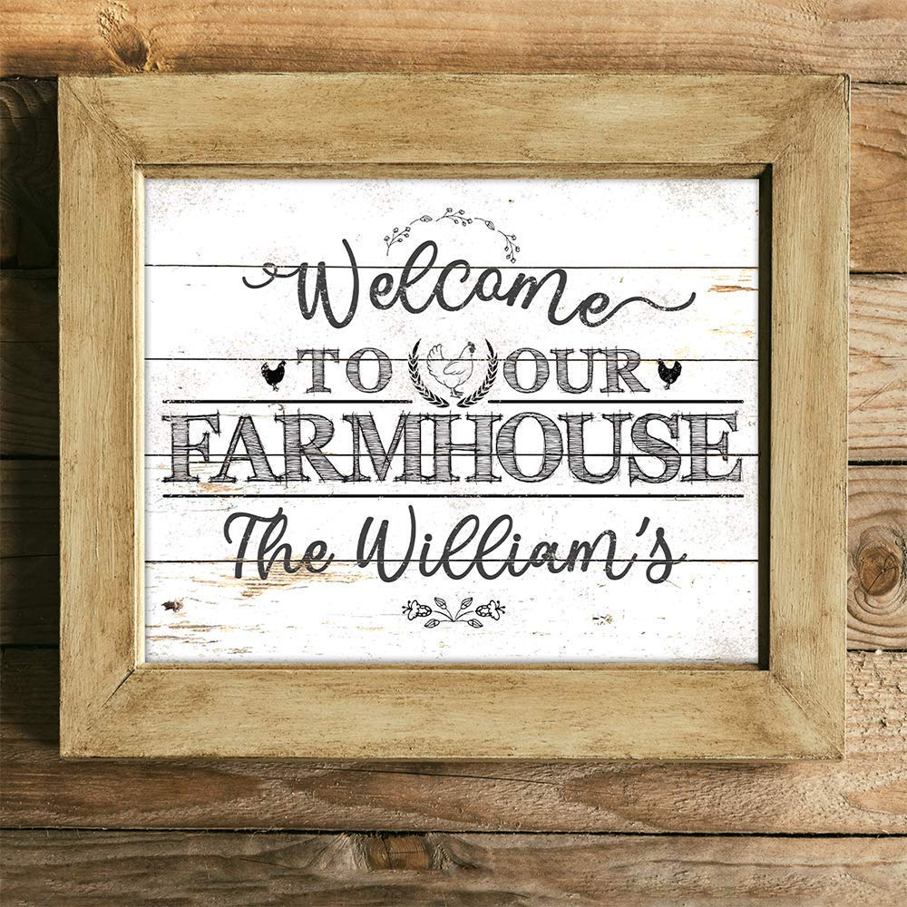 Personalized Farmhouse Welcome Sign - Custom Name Print, Chicken Coop Decor, Family Farm Gift - 11x14 Unframed Wood Style Poster - Perfect for Front Porch, Country Kitchen & Rustic Home Decor