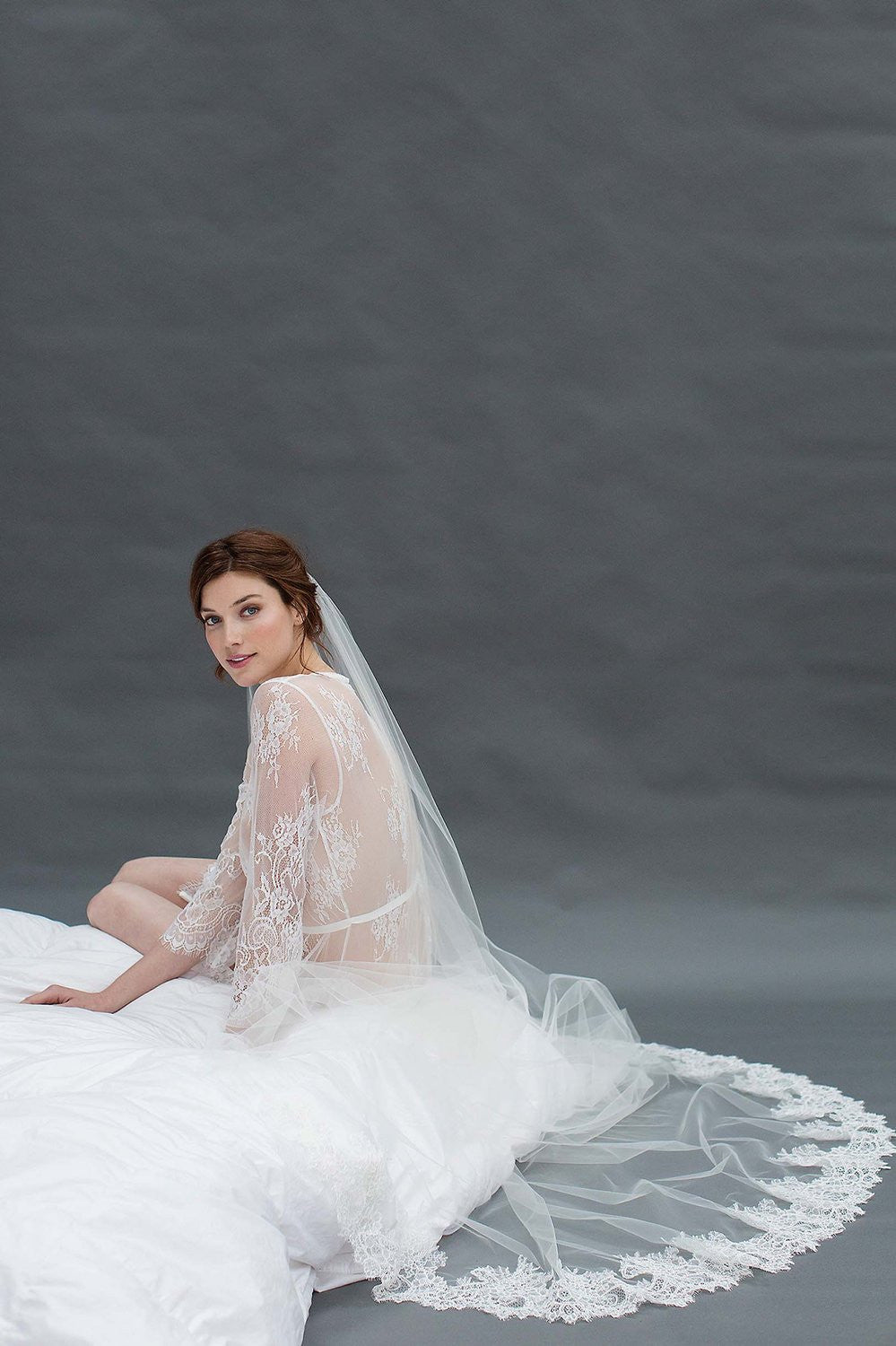 Amanda Cathedral Delicate Sheer Alencon Lace Wedding Veil in Ivory - Perfect for Bridal Gowns, Church Ceremonies & Romantic Photos