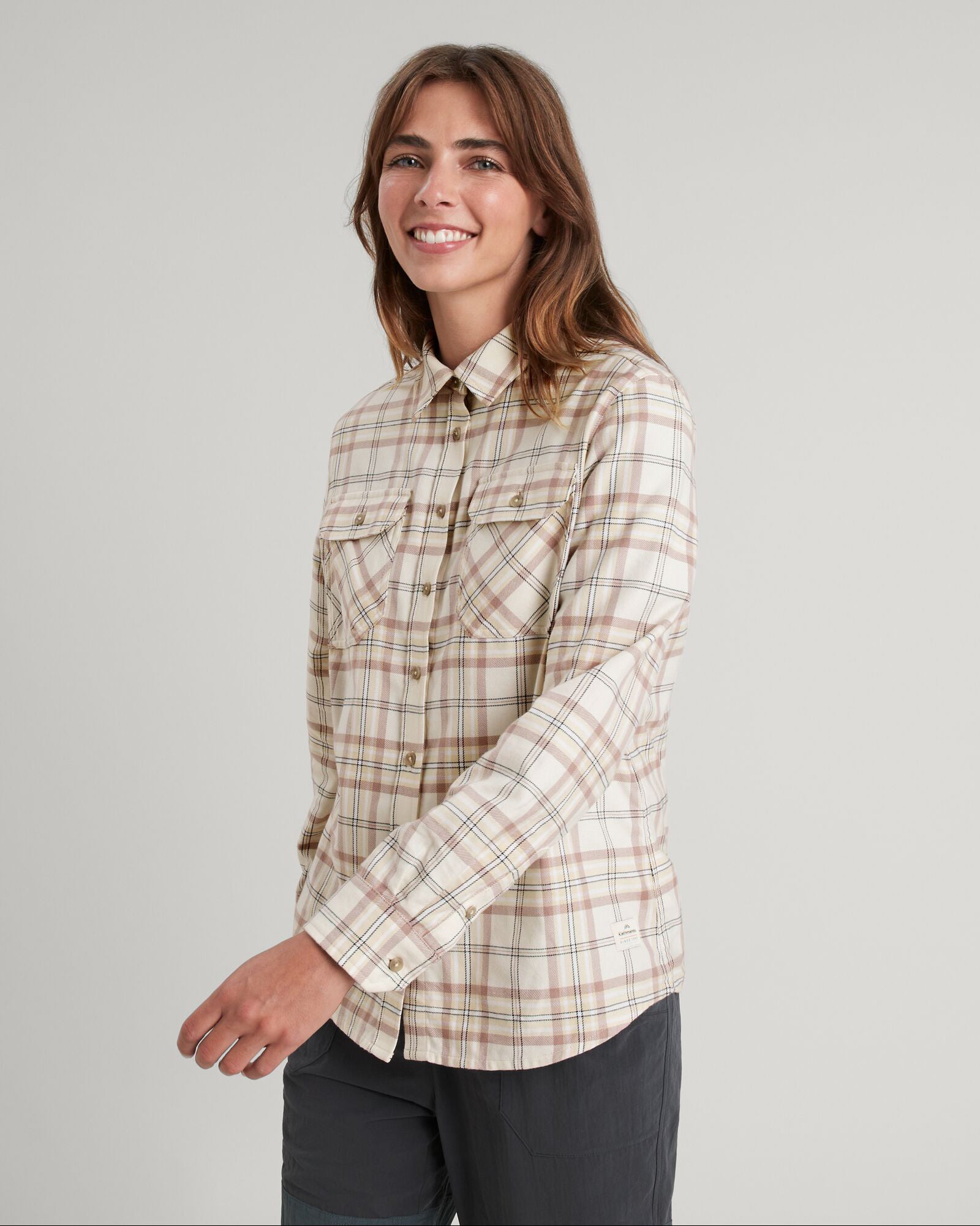 Carrillon Women's Long Sleeve Flannel Shirt - Natural & Drift Check Plaid - Soft Cotton Button Down Top for Casual Wear & Outdoor Activities