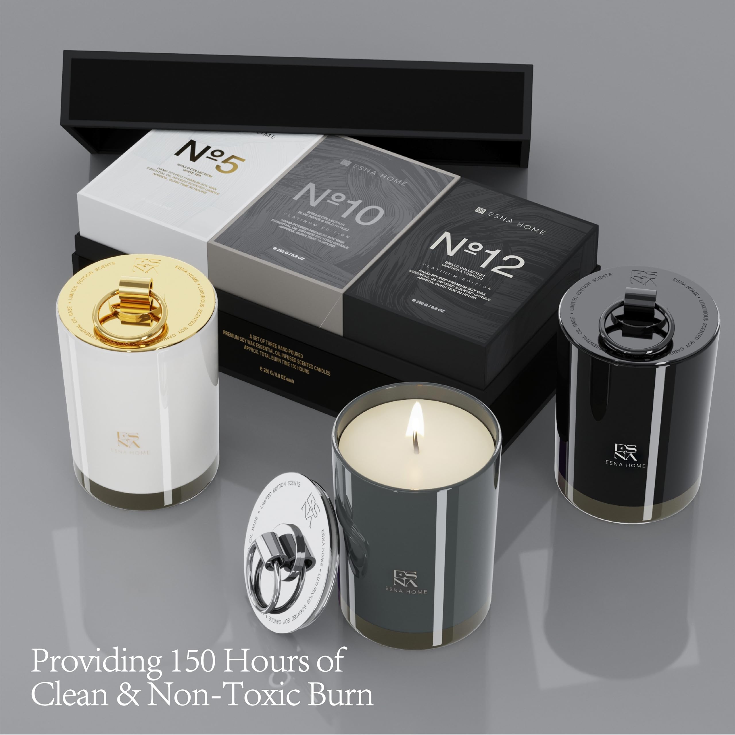 ESNA HOME Luxury Black Trio Set - 3 All-Natural Soy Scented Candles (150h Burn Time) | Perfect Aromatherapy Gifts for Women, Engagement Present | Ideal for Home Decor, Relaxation & Romantic Ambiance