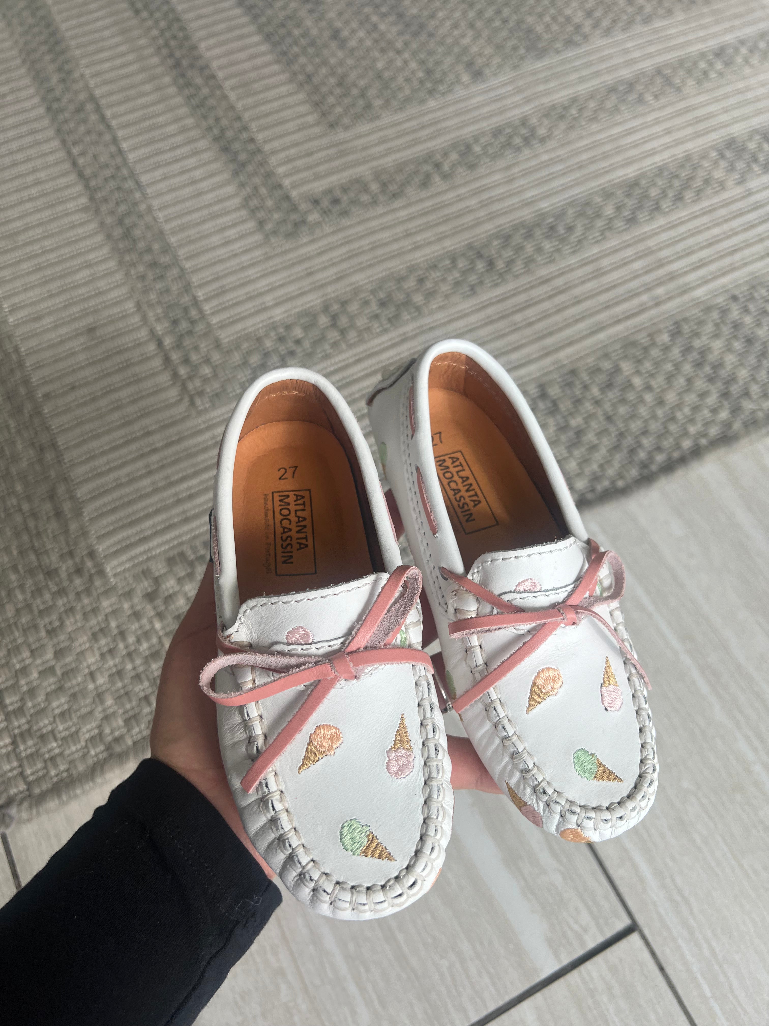 Atlanta Moccasin White Ice Cream Printed Bow Loafers - Comfortable Casual Slip-On Shoes for Women | Perfect for Office, Parties & Everyday Wear