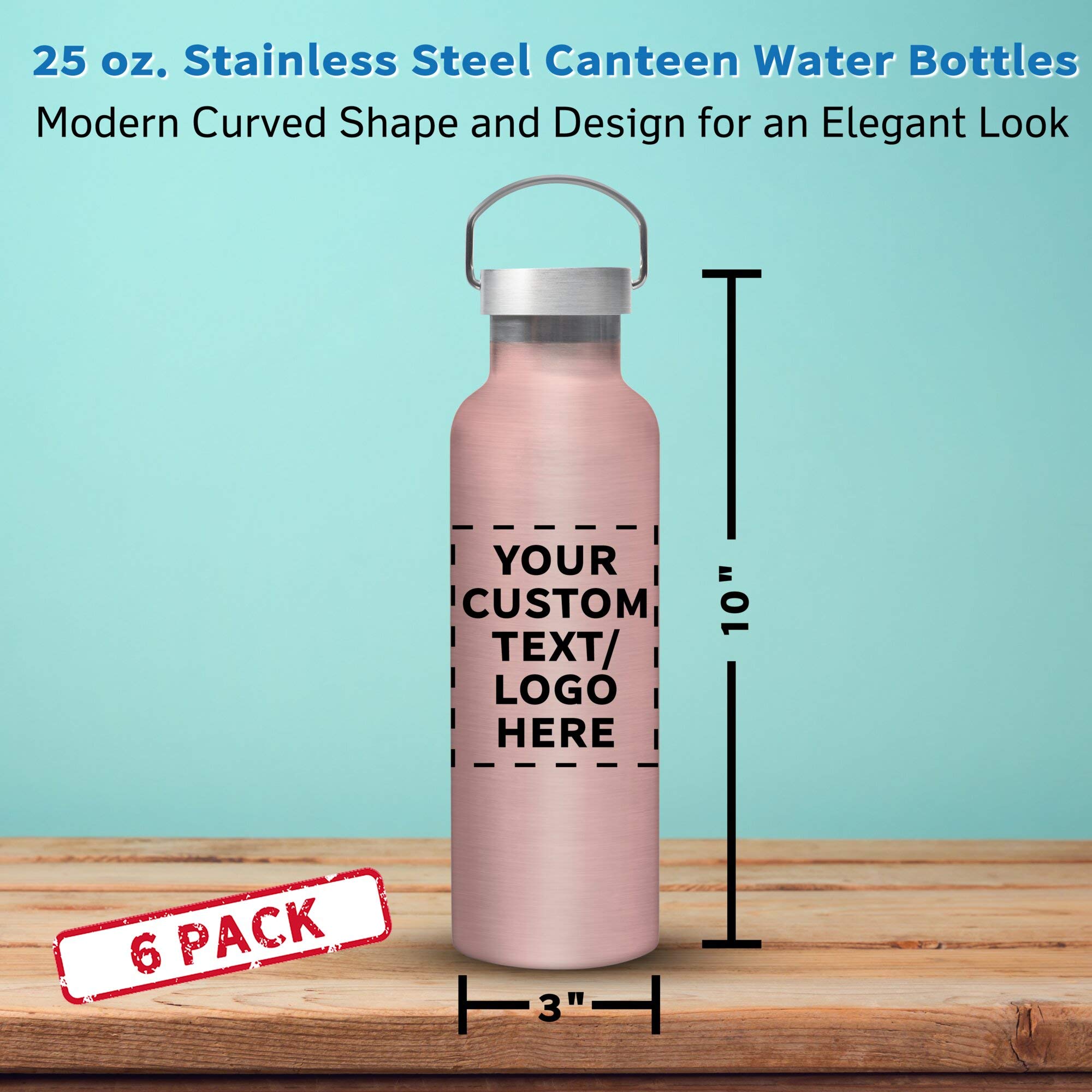Custom Stainless Steel Water Bottles 25oz (Set of 6) - Personalized Rose Gold Canteens for Events, Giveaways & Business Promotions - Bulk Pack for Corporate Gifts, Team Building & Outdoor Activities