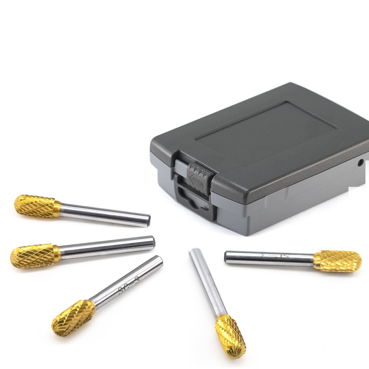 5-Piece Tungsten Carbide Rotary Burr Set - TiN Coated Cylindrical Ball Nose End Files for Die Grinder (1/4