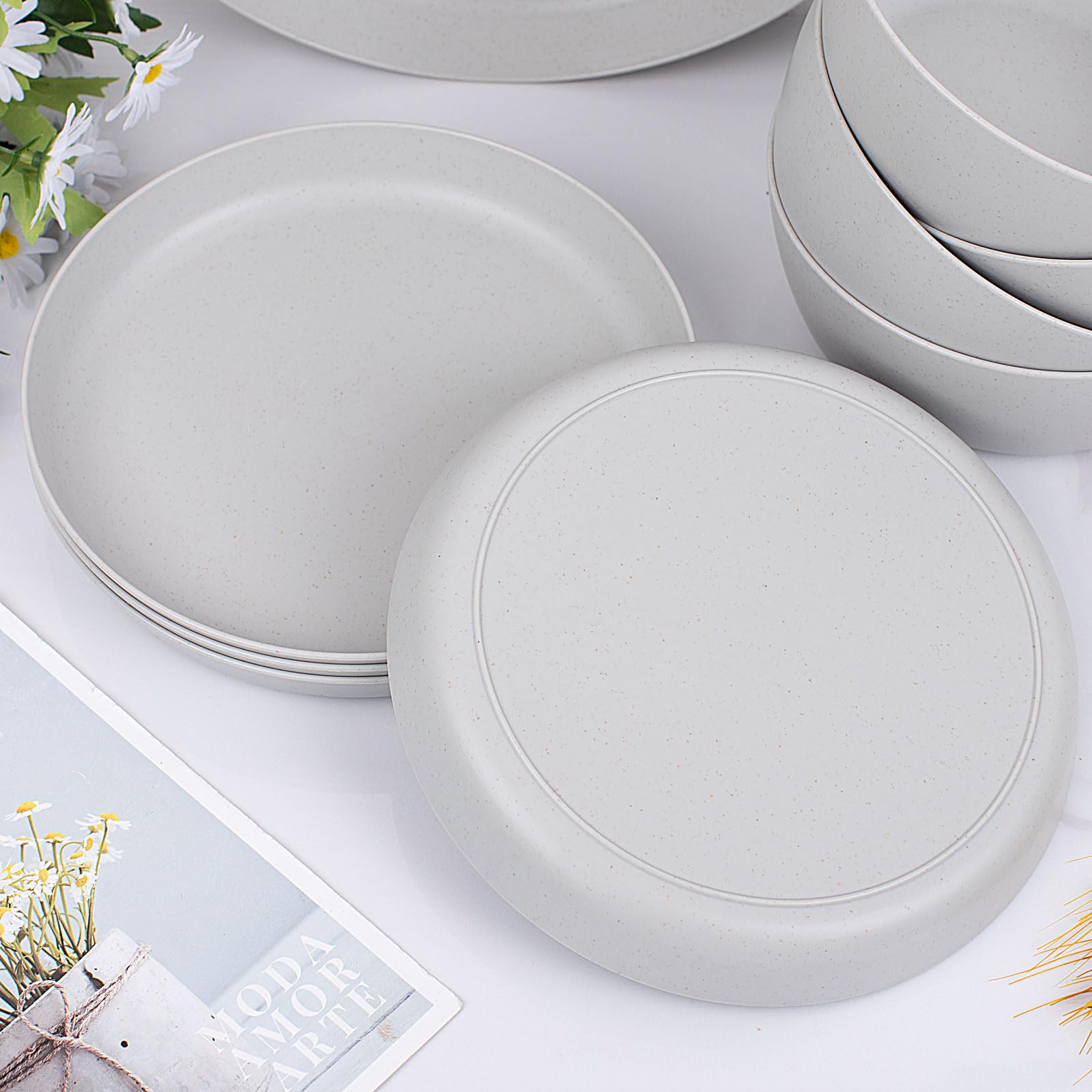 12-Piece Wheat Straw Dinnerware Set - 4 Reusable Unbreakable Plates & Bowls - Eco-Friendly Plastic Dinnerware for Camping, Picnics, Family Dinners & Outdoor Dining
