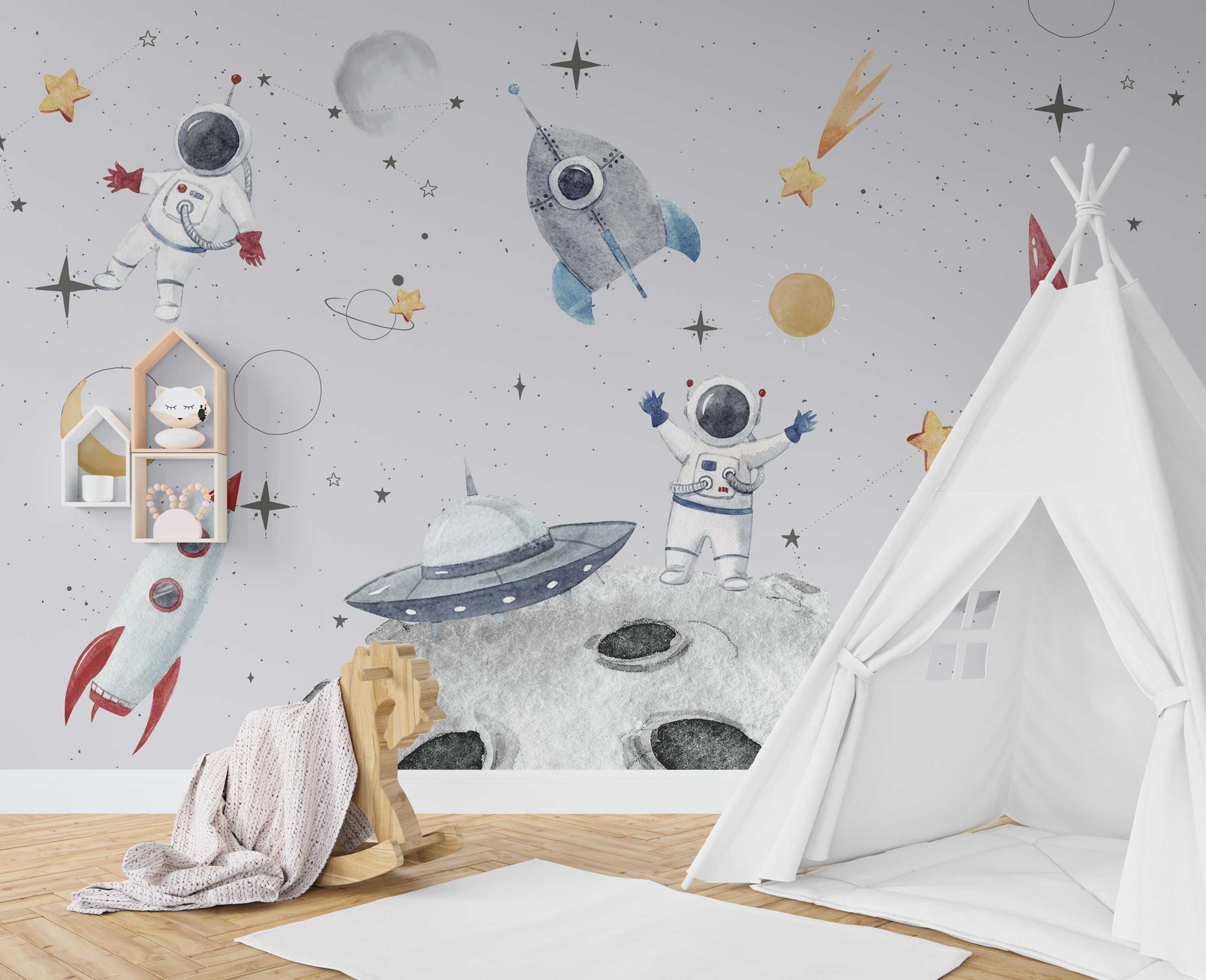 Space Astronaut Wallpaper Mural for Kids Room - Galaxy Themed Nursery Decor for Boys & Girls - Perfect for Bedroom, Playroom, and Classroom Decorations