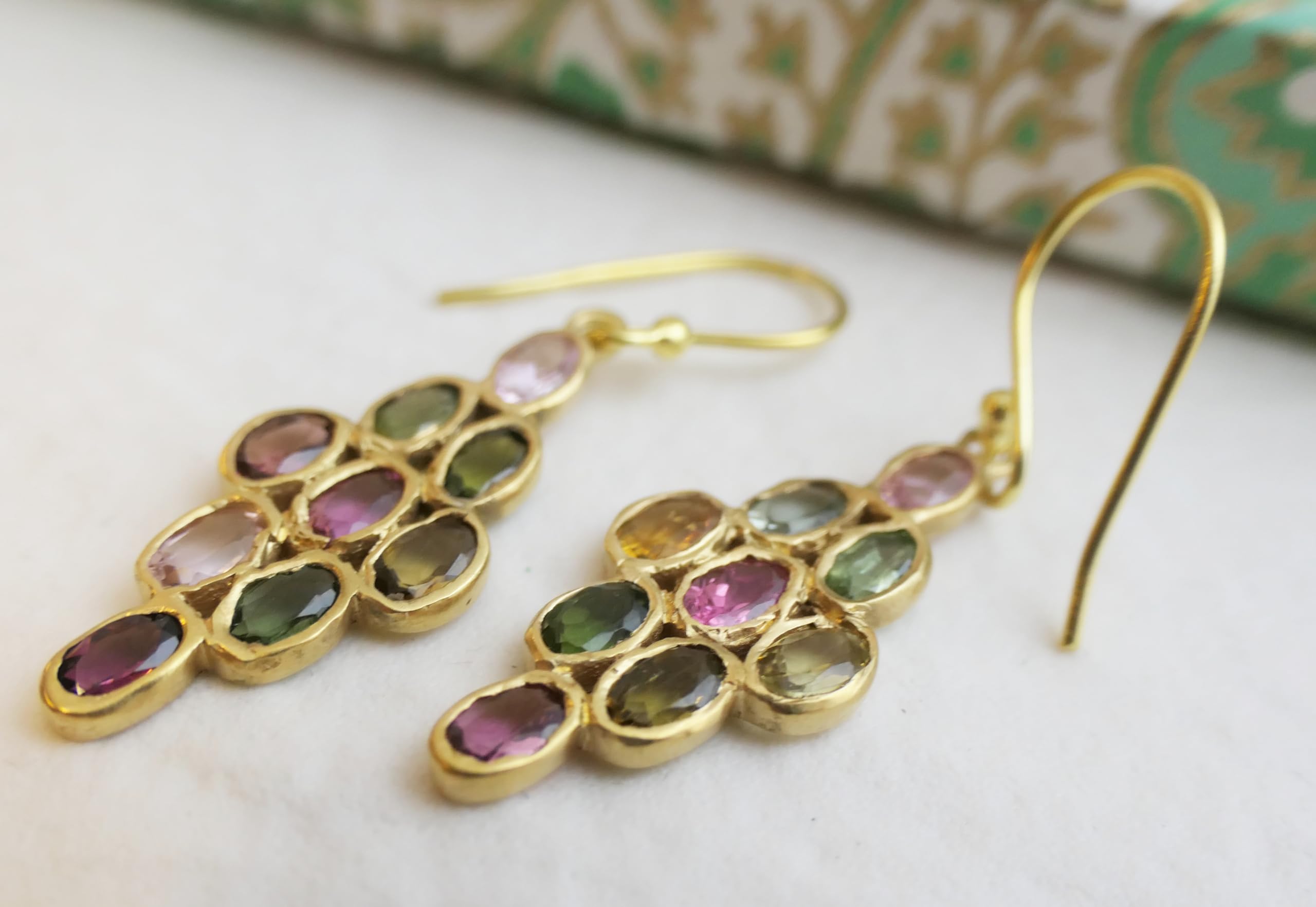 Natural Multi-Colored Tourmaline Waterfall Chandelier Earrings - 14K Gold Plated Sterling Silver Drop Dangle Earrings - Handmade Gemstone Jewelry for Women - Perfect Gift for Mother's Day, Birthday & Wedding - Elegant Bridal Jewelry for Special Occasions