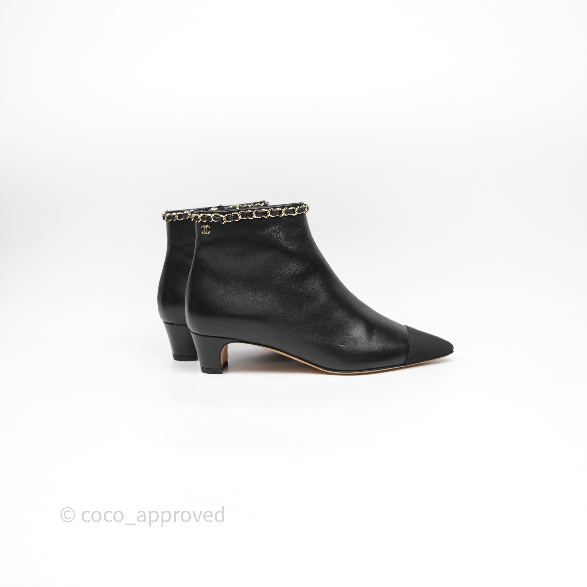 Chanel Black Cap Toe Chain Ankle Boots - Genuine Lambskin Leather Size 36.5 EU (Women's US 6.5) - Luxury Fashion Boots for Evening Parties & Date Nights