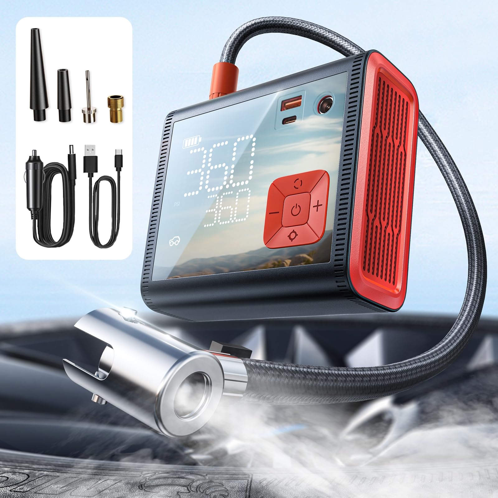 LISEN 150 PSI Portable Tire Inflator - 12V DC Air Compressor for Car, Truck, SUV & Bike with 25,000mAh Battery | 4-in-1 Digital Tire Pump for Emergency Roadside Assistance & Home Garage Use