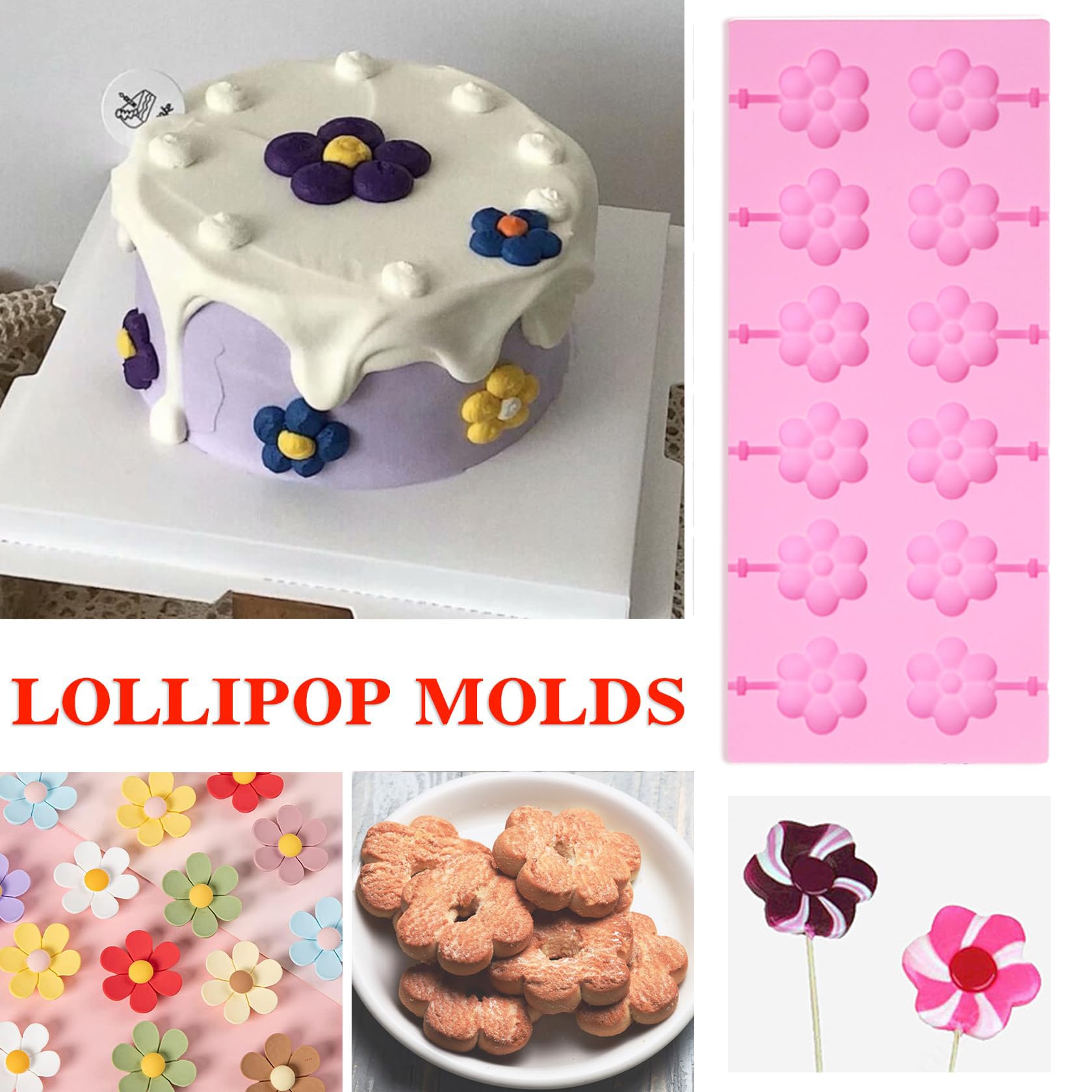 12-Cavity Flower Silicone Lollipop Molds - 8 Large Round Sucker Molds for Chocolate & Hard Candy Making - Includes 20 Sucker Sticks - Perfect for DIY Candy, Party Favors & Home Baking Projects