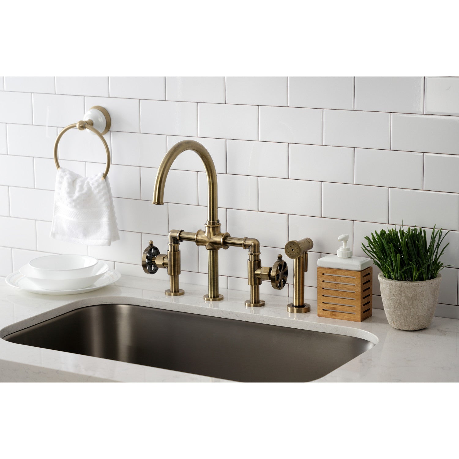 Belknap KS2333RX Industrial Style Bridge Kitchen Faucet - 2 Handle 4 Hole Deck Mount with Brass Side Sprayer in Antique Brass Finish | Perfect for Farmhouse, Vintage & Commercial Style Kitchens
