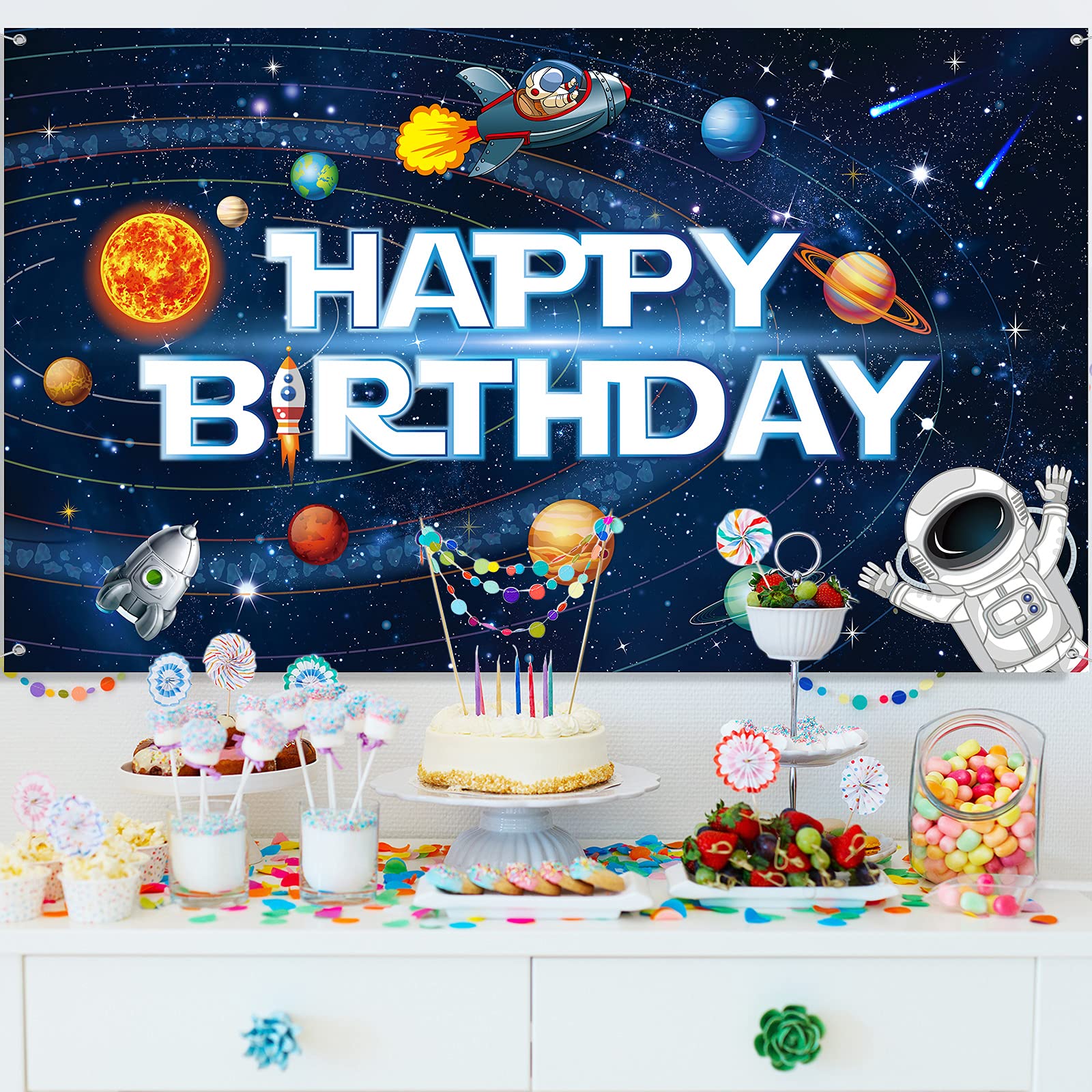 Sumind Astronaut Rocket Solar System Backdrop Banner - 72.8x43.3 Inch Space Themed Birthday Party Decor for Kids, Boys Room Wall Poster & Educational Classroom Display - Perfect for Space-Themed Parties, Nursery Decor & STEM Learning Activities