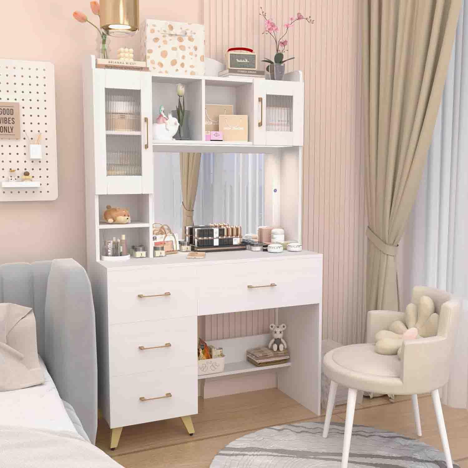 Modern White Vanity Desk with Large Lighted Mirror & Storage - 66.9