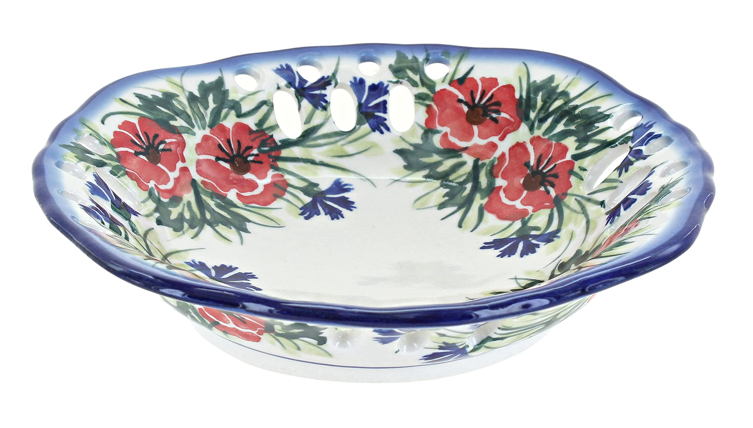 Handmade Blue Rose Polish Pottery Cherry Red Bouquet Small Fruit Dish - Elegant Serving Bowl for Desserts, Candy, Nuts | Perfect for Parties, Weddings, Home Decor