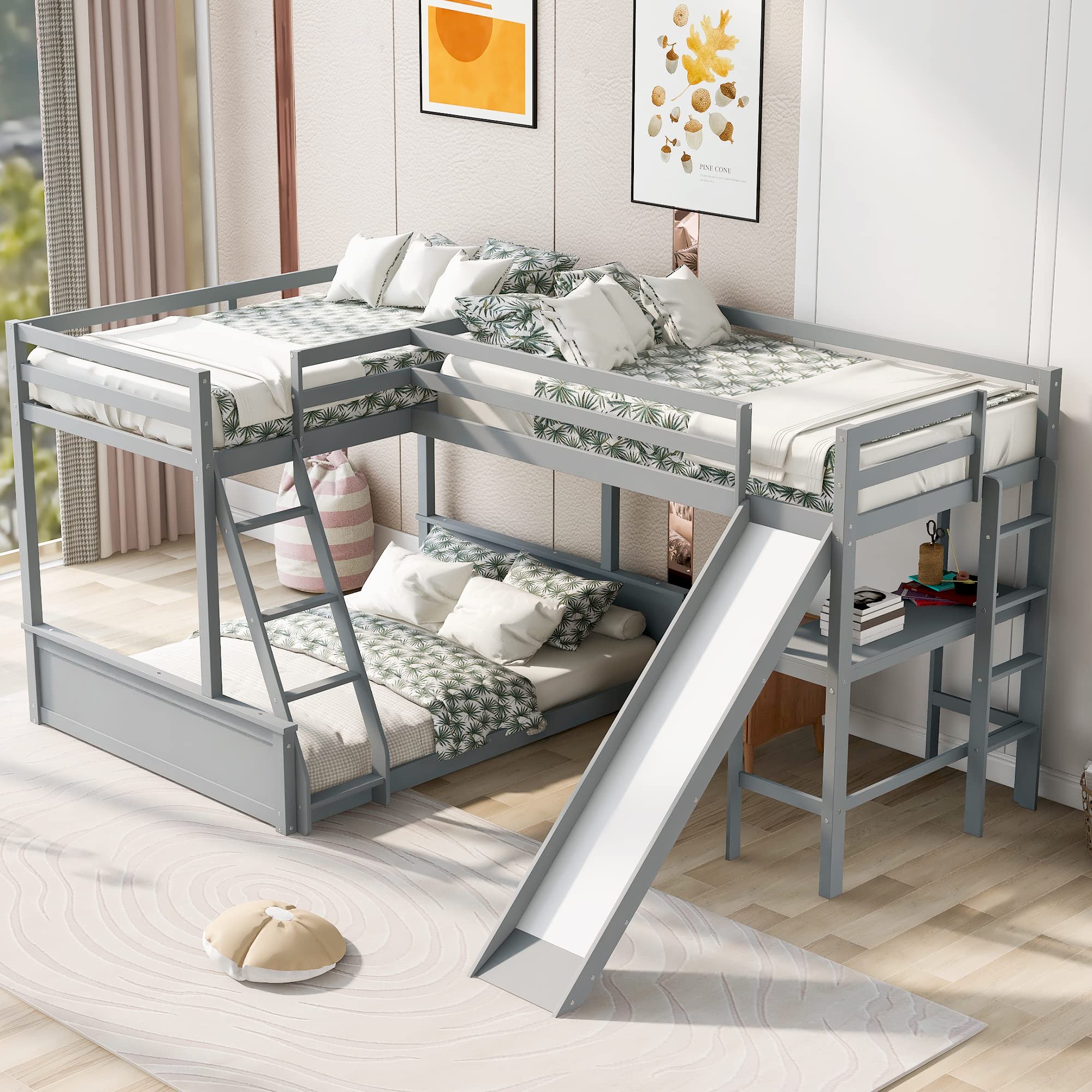 P PURLOVE Twin Over Full L-Shaped Bunk Bed with Built-in Desk & Slide - Sturdy Wood Slat Support, Full-Length Guardrail - No Box Spring Needed - Space-Saving Kids Bedroom Furniture for Small Rooms & Shared Spaces (Gray)