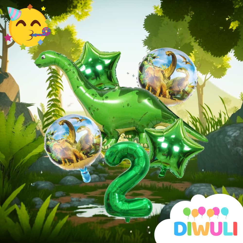 DINOWULI Dinosaur Party Decorations Set - 2nd Birthday Green Number 2 Balloon, Dinosaur Themed Balloons, Long Neck Dinosaur Decorations, Foil Balloons for Kids Birthday Party Supplies | Perfect for Dinosaur-Themed Birthday Parties, Baby Showers & Nursery Decor