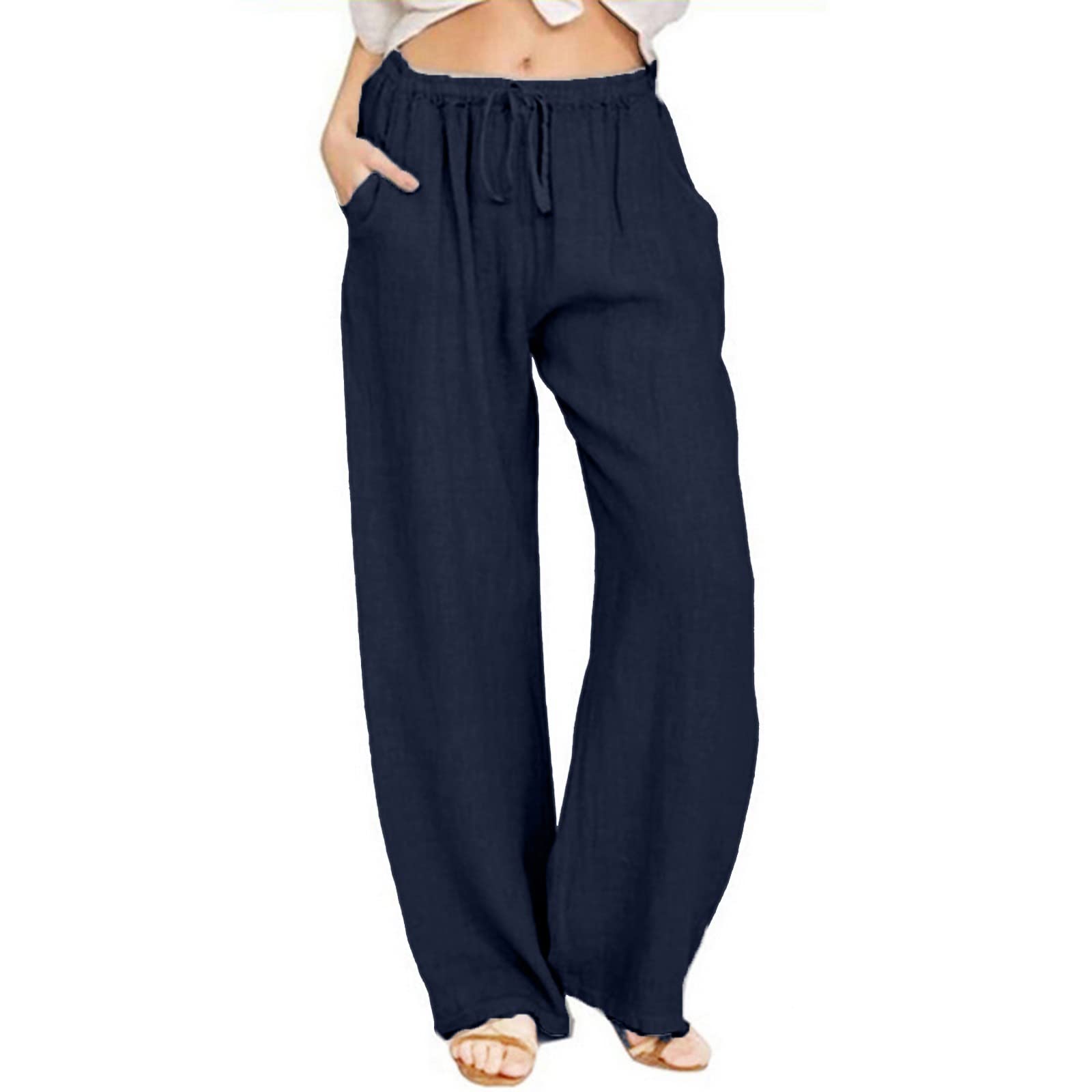 Puimentiua Women's Cotton Linen Wide Leg Pants with Drawstring & Pockets - Summer Casual Beach Trousers for Vacation, Yoga, and Boho Style Outfits