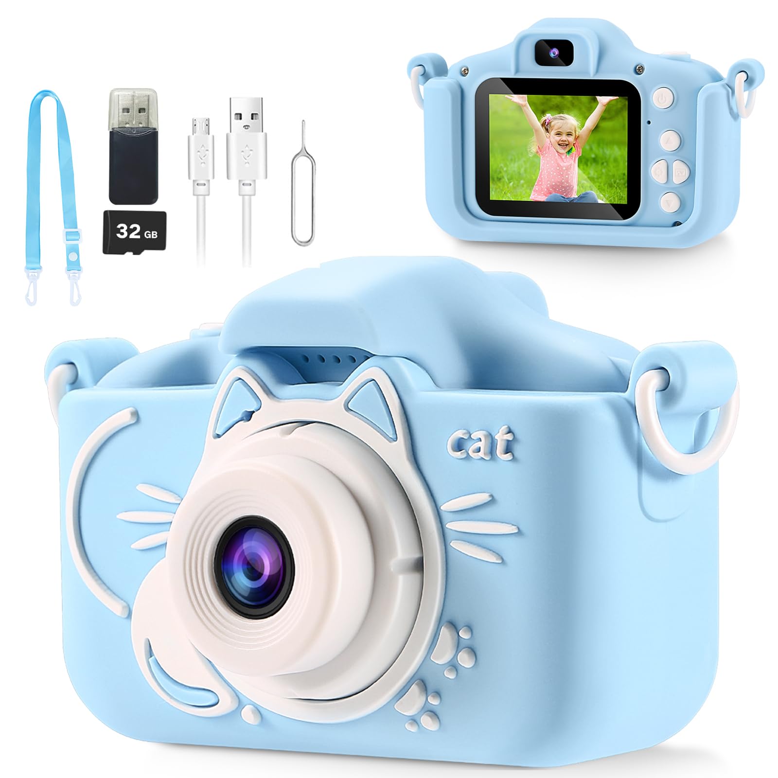 Kids Digital Camera with Dual Lens & 32GB Card - Selfie Camera Toy for Boys & Girls Ages 4-12 | Christmas Birthday Gift | MP3 Player | Fun Learning Camera for Toddlers (Blue) - Perfect for Travel, Parties & Creative Play