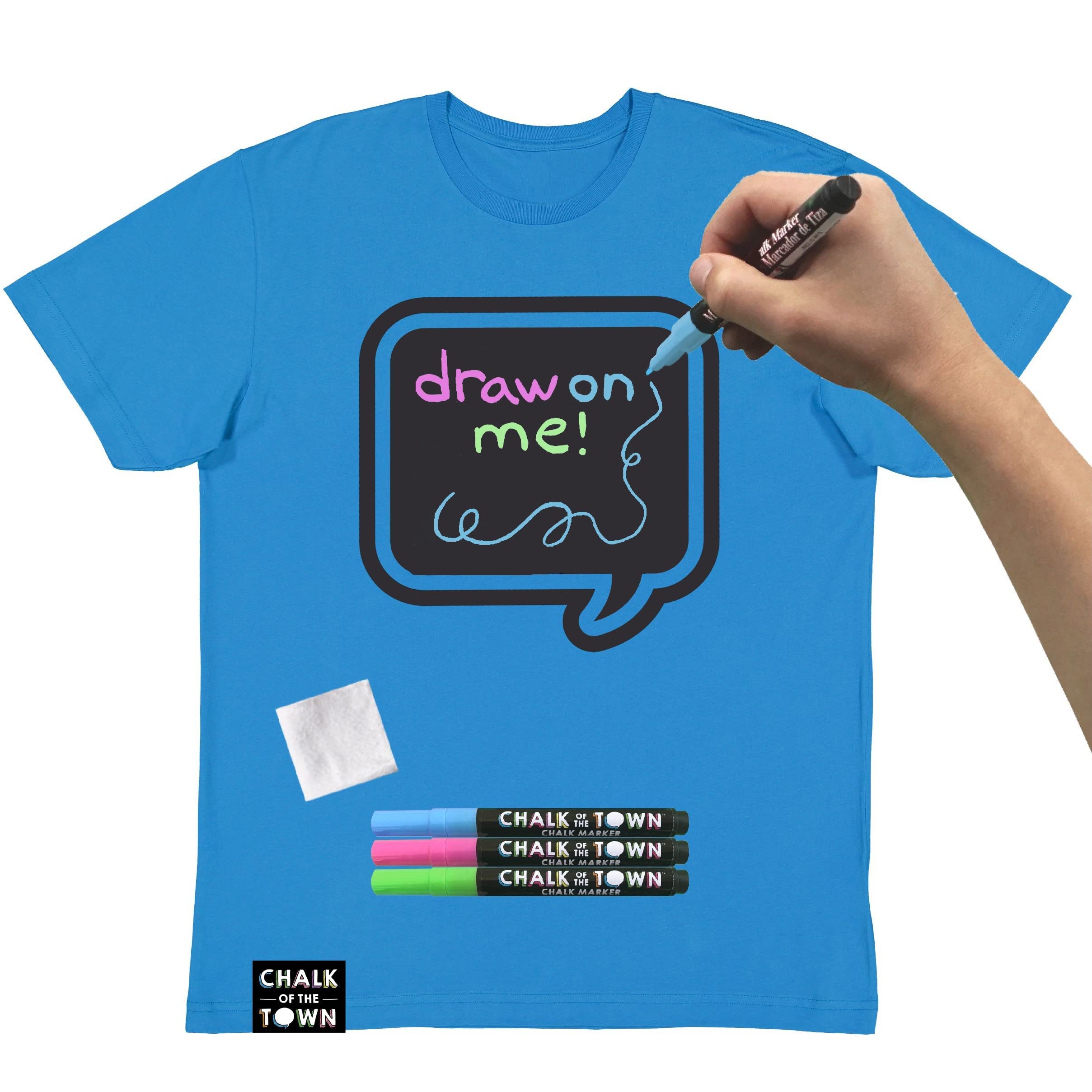 Adult Brilliant Blue Chalkboard T-Shirt with Washable Chalk Markers - Fun DIY Customizable Tee for Parties, Events & Creative Expression