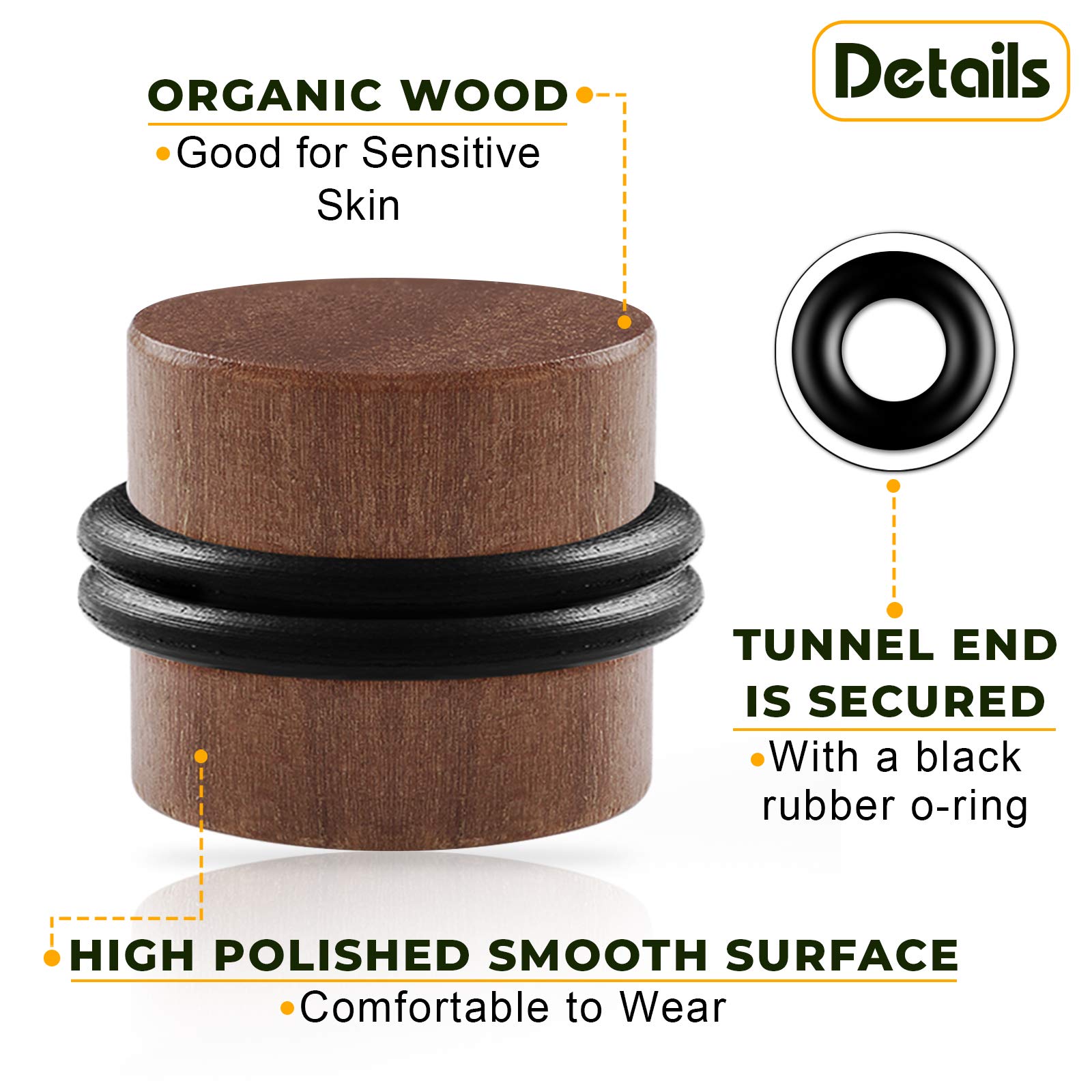 Premium Teak Wood Double Flared Ear Plugs - Natural Solid Flesh Tunnels with Black O-Rings for Stretched Earlobes - Perfect for Body Jewelry, Piercing Stretching & Alternative Fashion