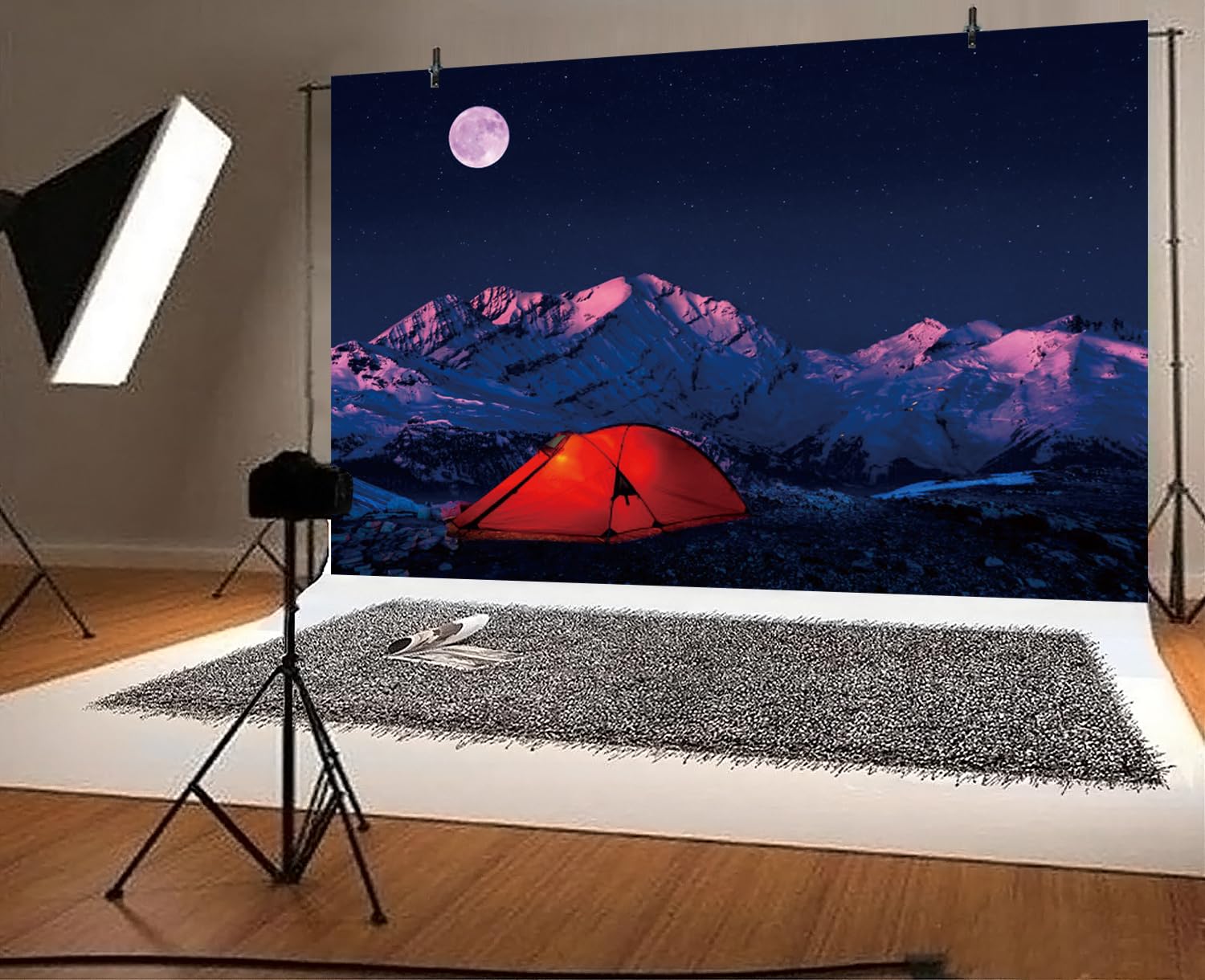 20x10ft Camping Backdrop - Snow Mountain Night Scene Photography Background with Red Tent & Moon for Outdoor Adventure, Hiking Camping Party, Photo Studio Props | Perfect for Social Media, YouTube Videos, and Themed Events