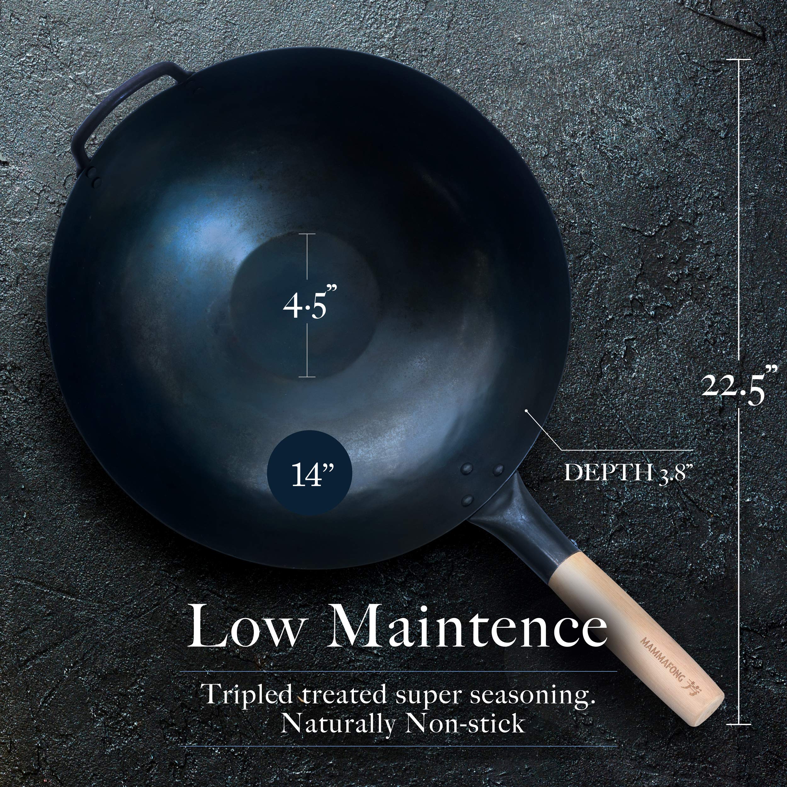 14 Inch Mammafong Pre-Seasoned Blue Carbon Steel Wok - Traditional Hand-Hammered Flat Bottom Stir Fry Pan for Chinese Cooking | Perfect for Searing, Stir-Frying & Deep Frying in Home Kitchens