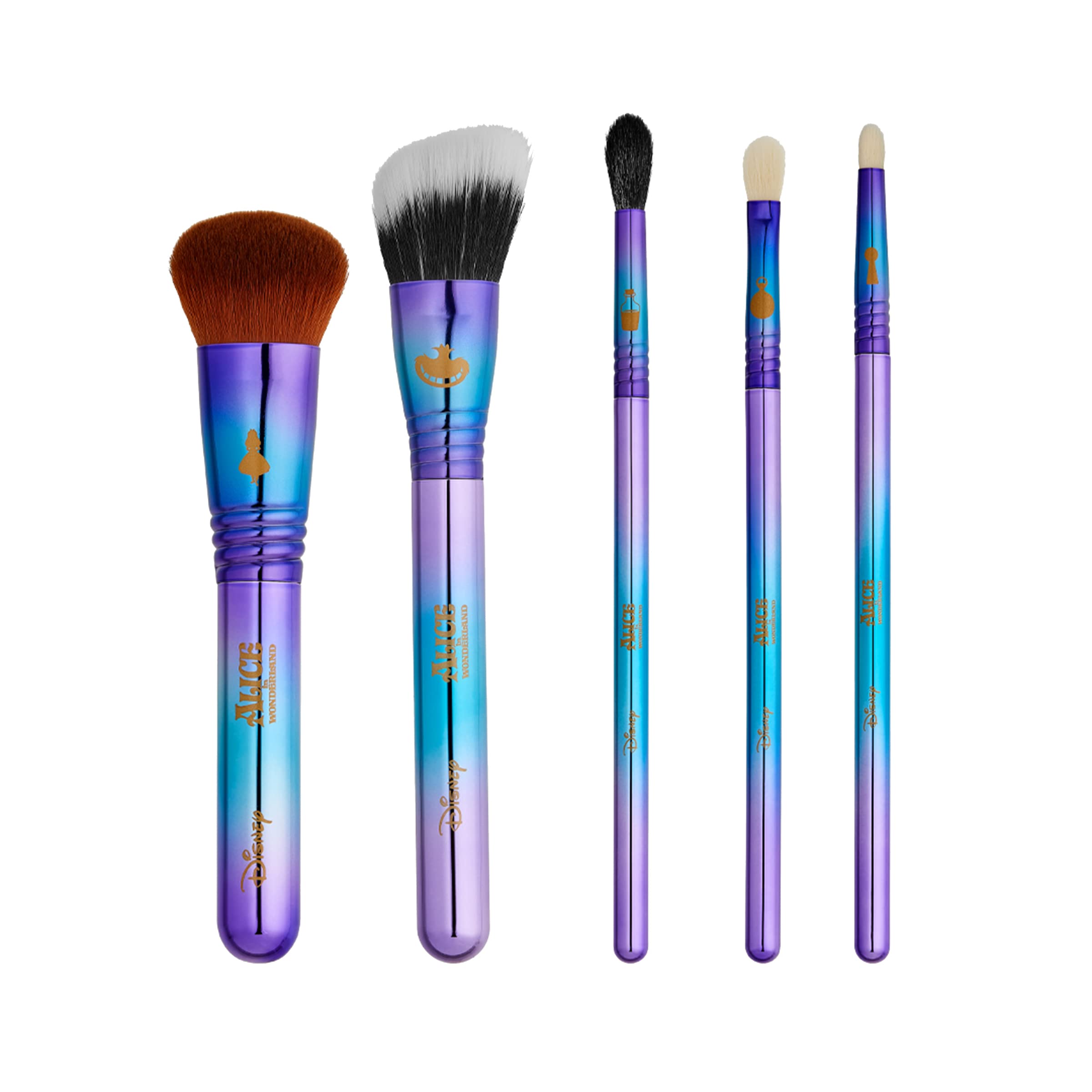 Sigma Beauty & Disney Alice in Wonderland Makeup Brush Set - 5 Piece Hypoallergenic Professional Brush Kit (2 Face Brushes + 3 Eyeshadow Brushes) with Free Beauty Bag - Perfect for Seamless Blending, Contouring & Travel Makeup Application